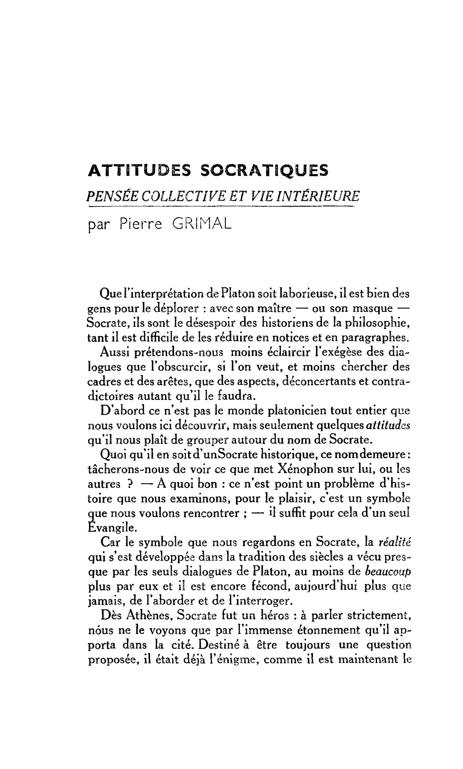 ATTITUDES SOCRATIQUES PENSÉE COLLECTIVE ET VIE INTÉRIEURE