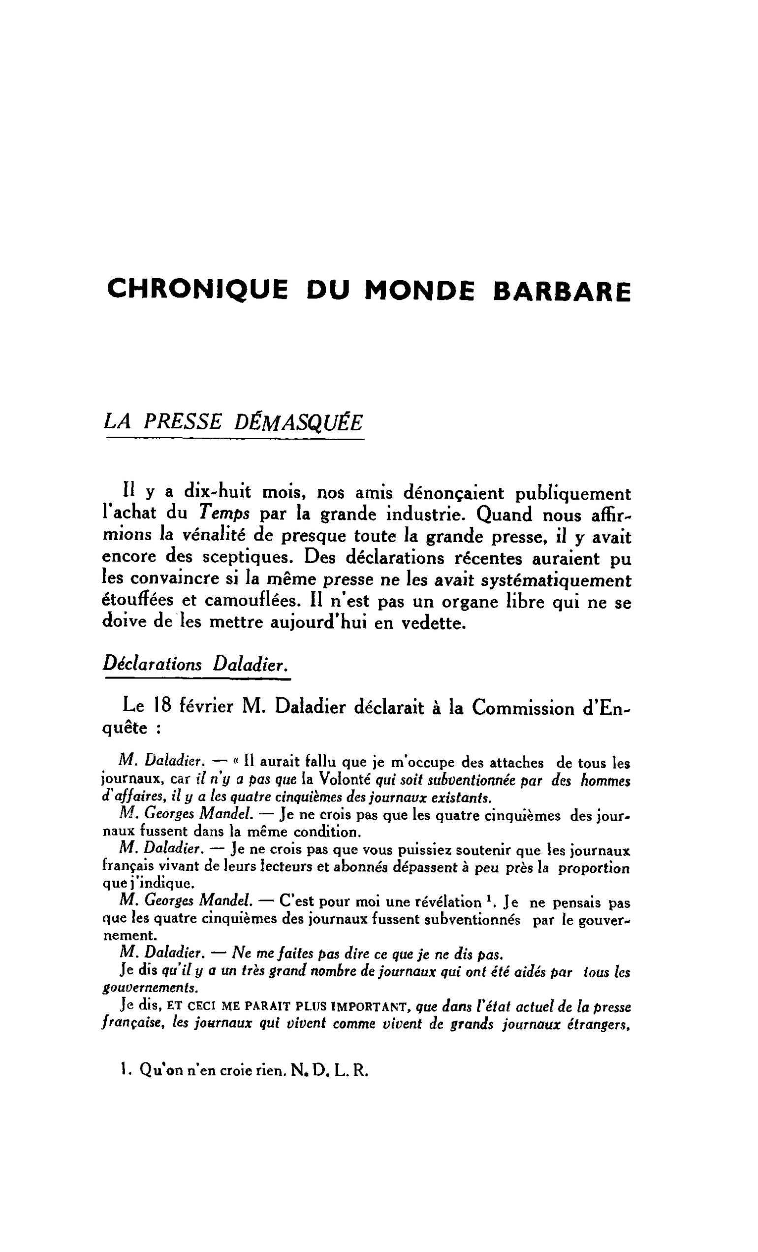 CHRONIQUE DU MONDE BARBARE