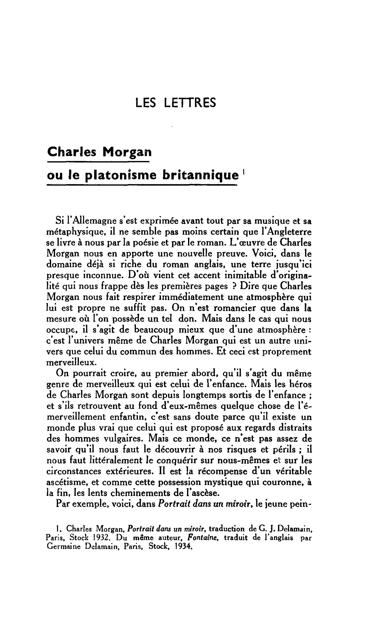 LES LETTRES. Charles Morgan ou le platonisme britannique