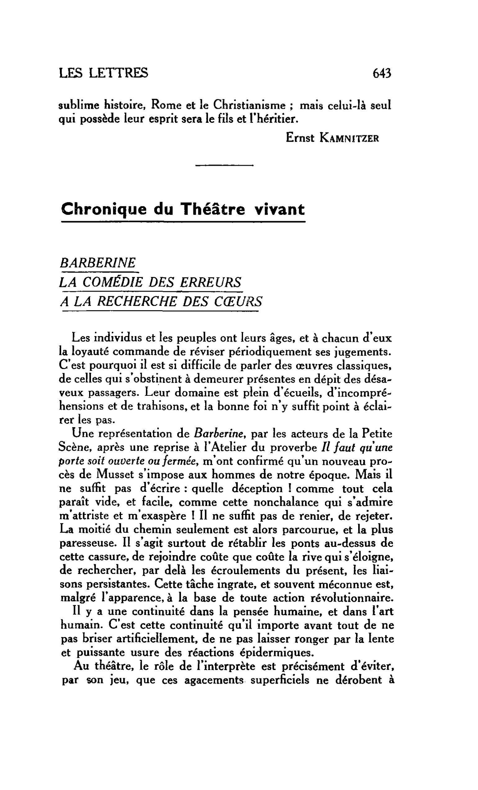 LES LETTRES : Chronique du Théâtre vivant