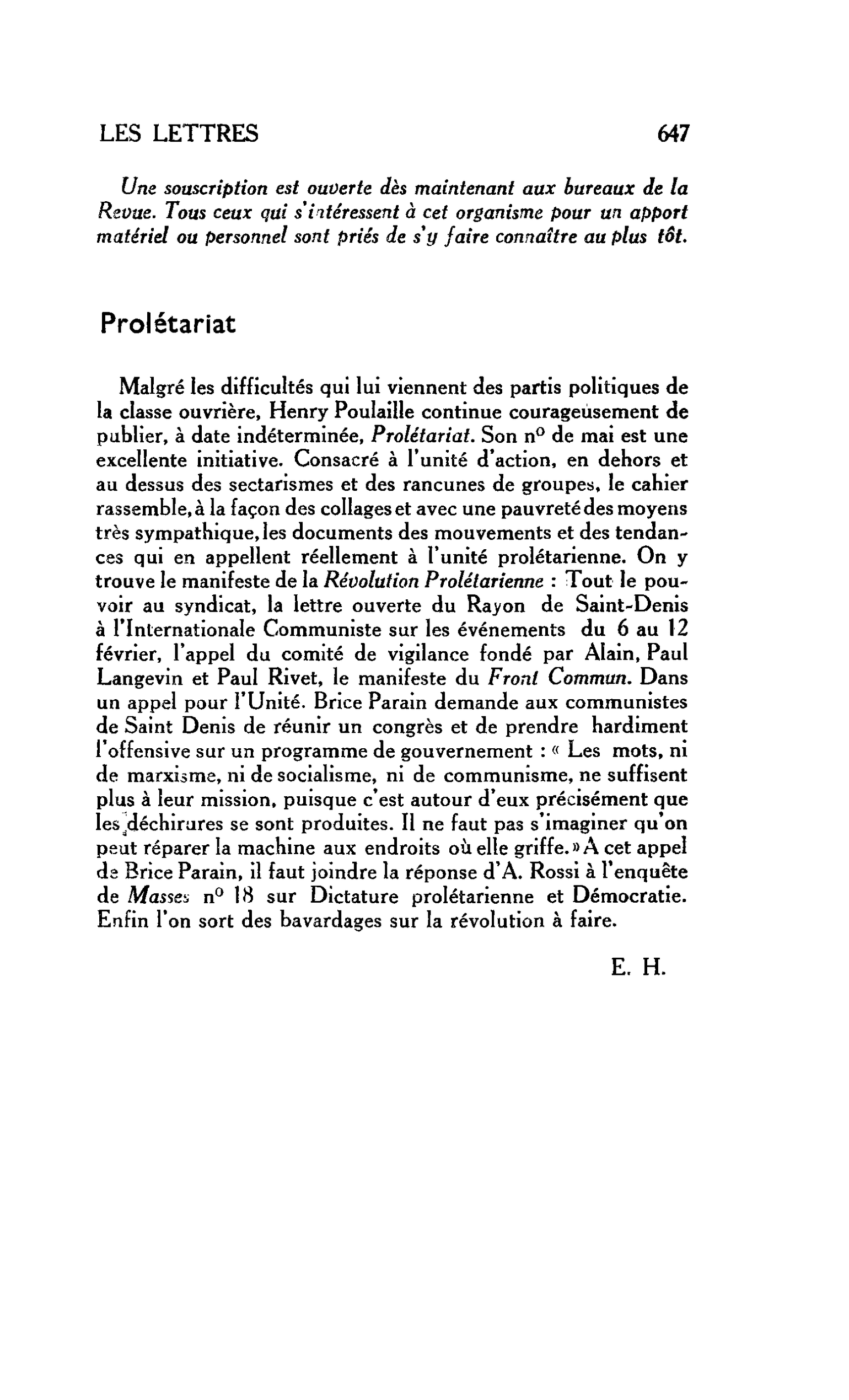 LES LETTRES : Prolétariat