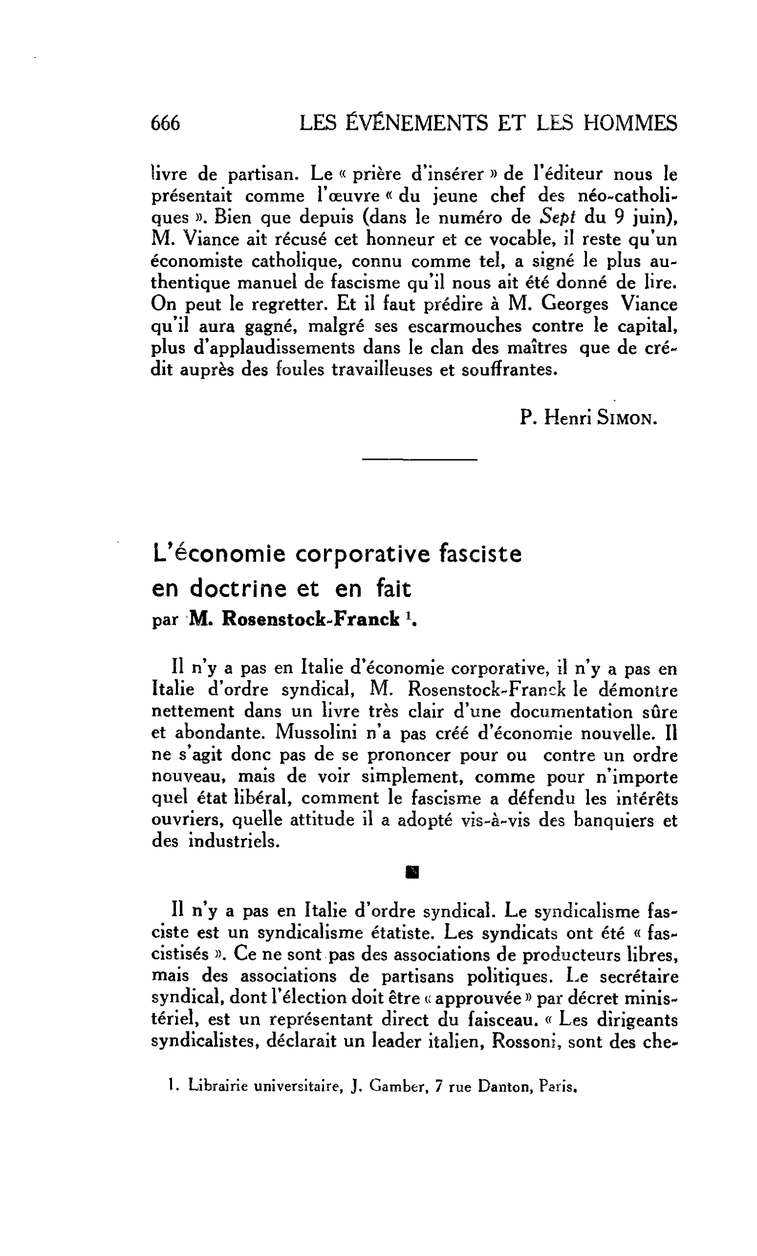 LA CITE : L’économie corporative fasciste en doctrine et en fait par M. Rosenstock-Franck