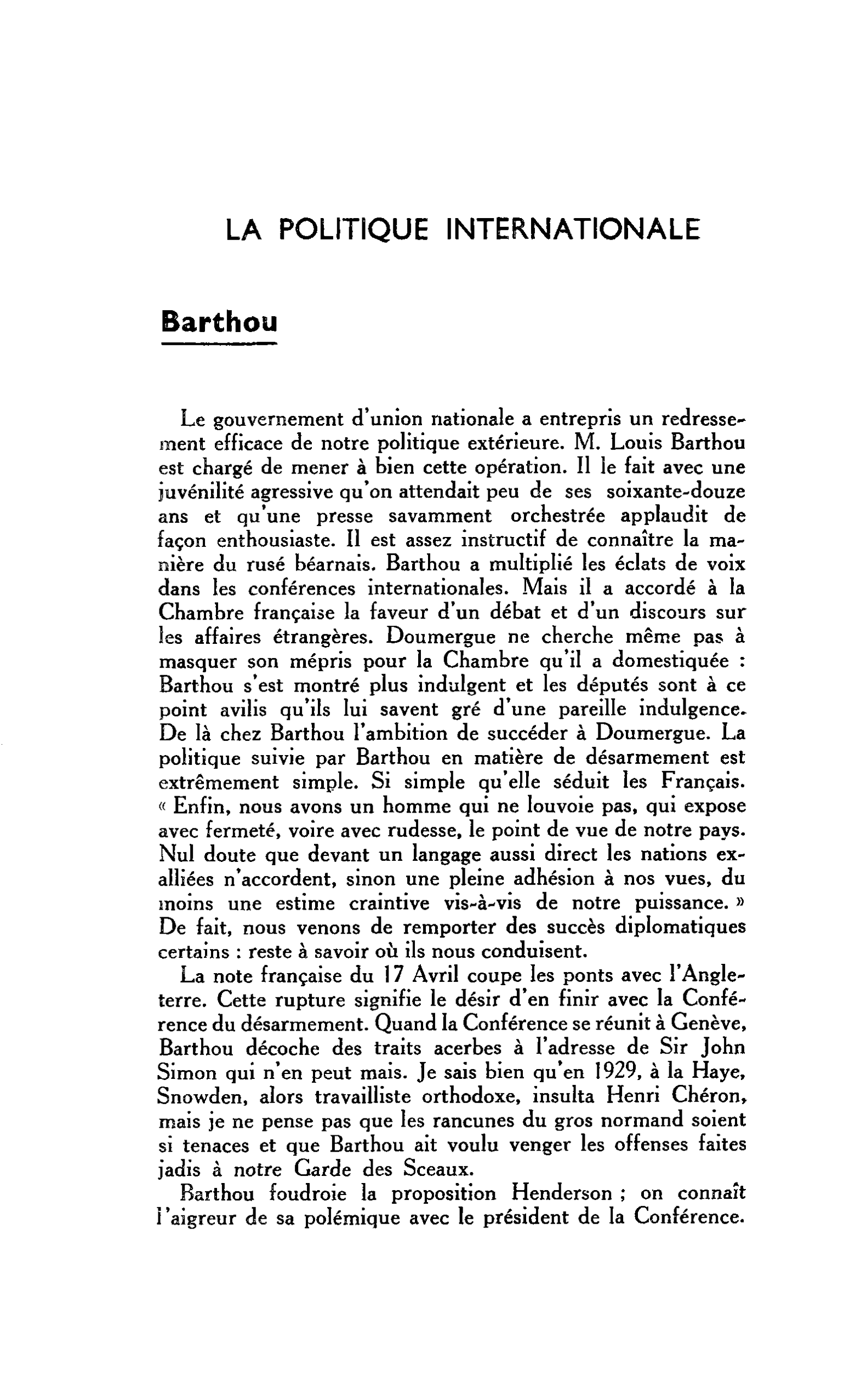 LA POLITIQUE INTERNATIONALE. Barthou