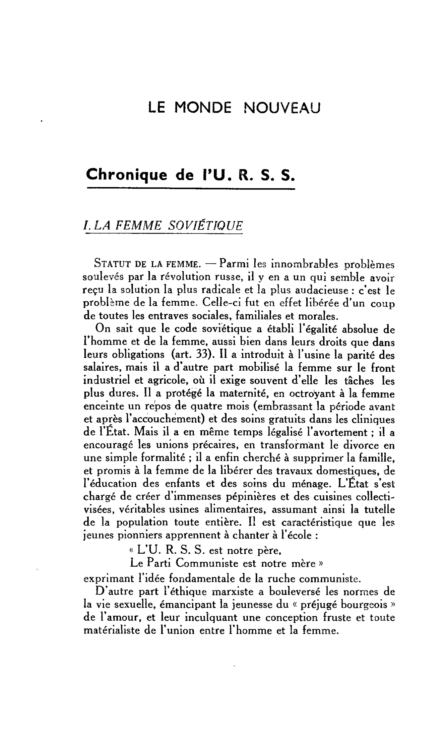 LE MONDE NOUVEAU. Chronique de l’ U.R.S.S. La femme soviétique