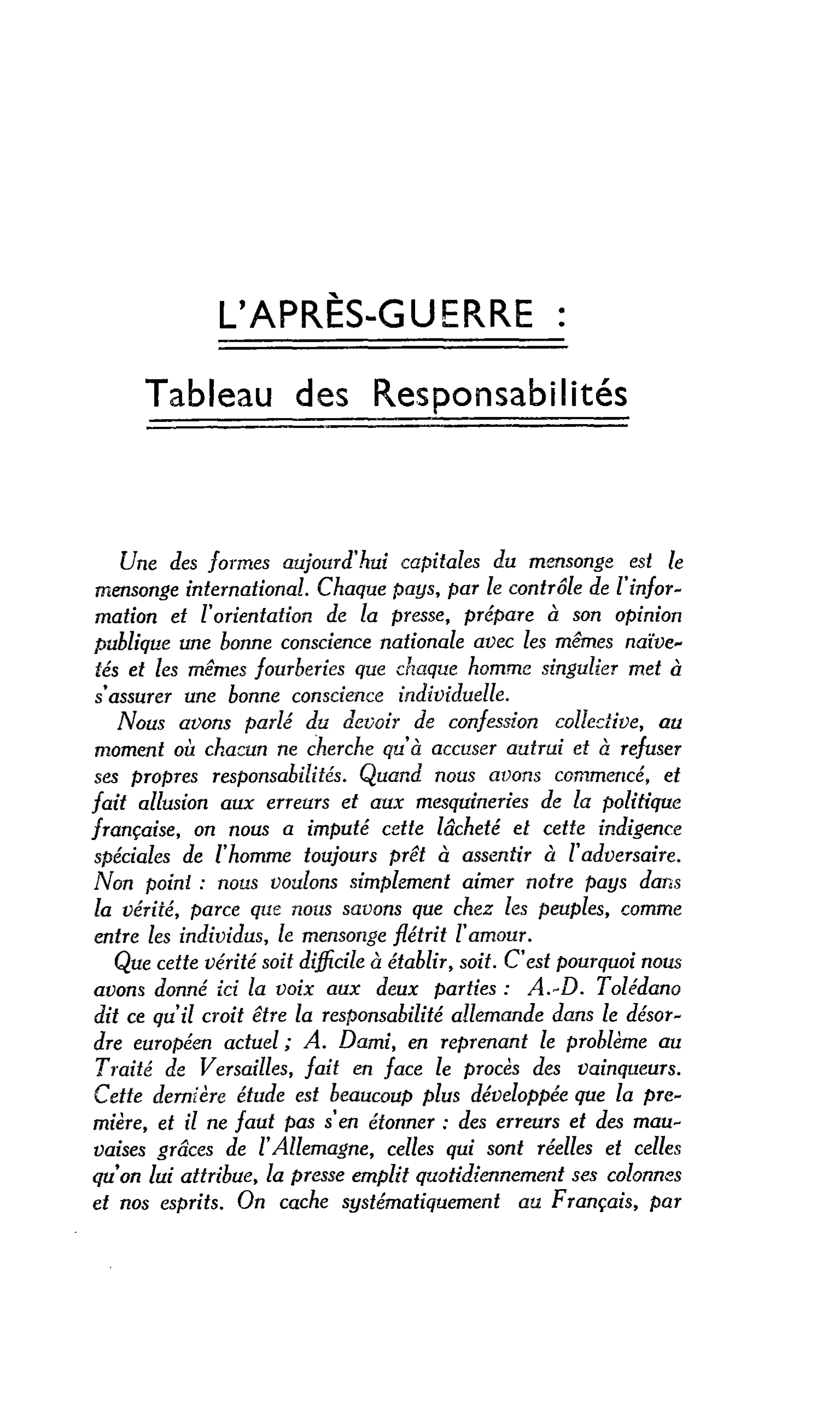 L’après-guerre : Tableau des Responsabilités