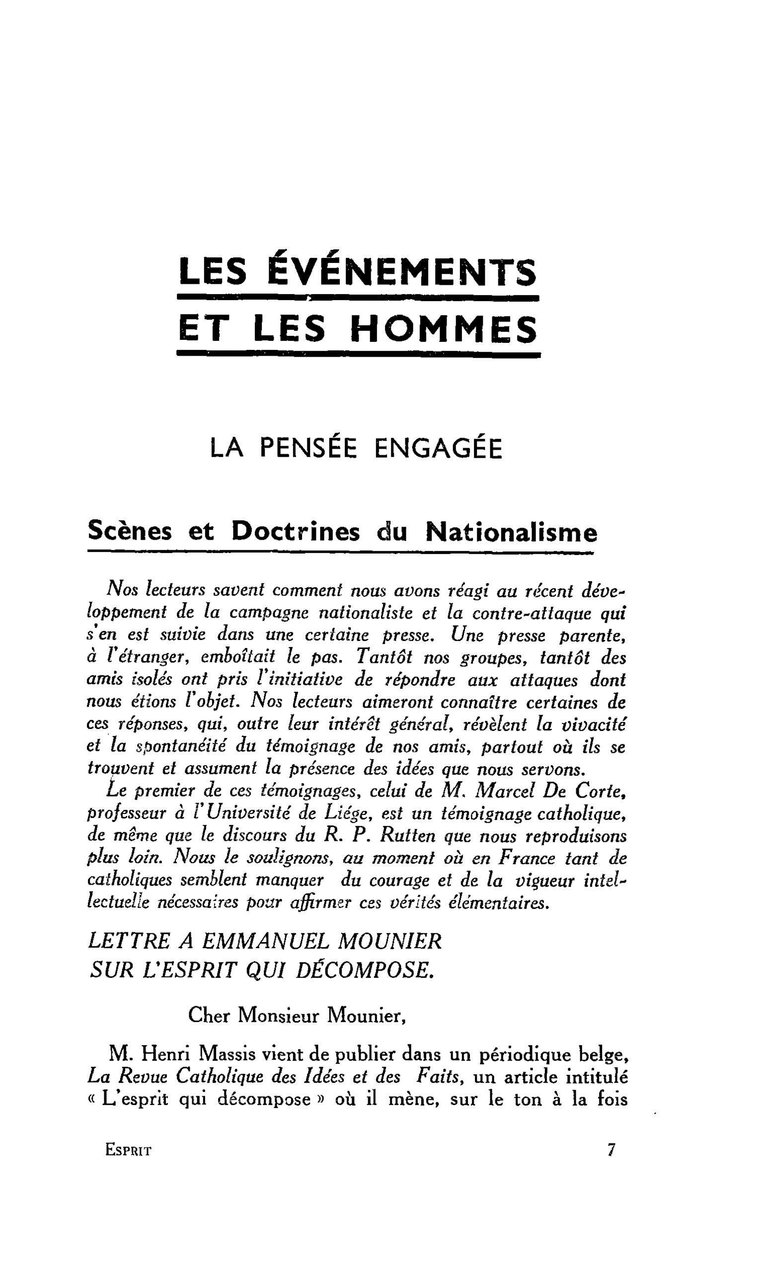 LA PENSÉE ENGAGÉE. Scènes et Doctrines du Nationalisme