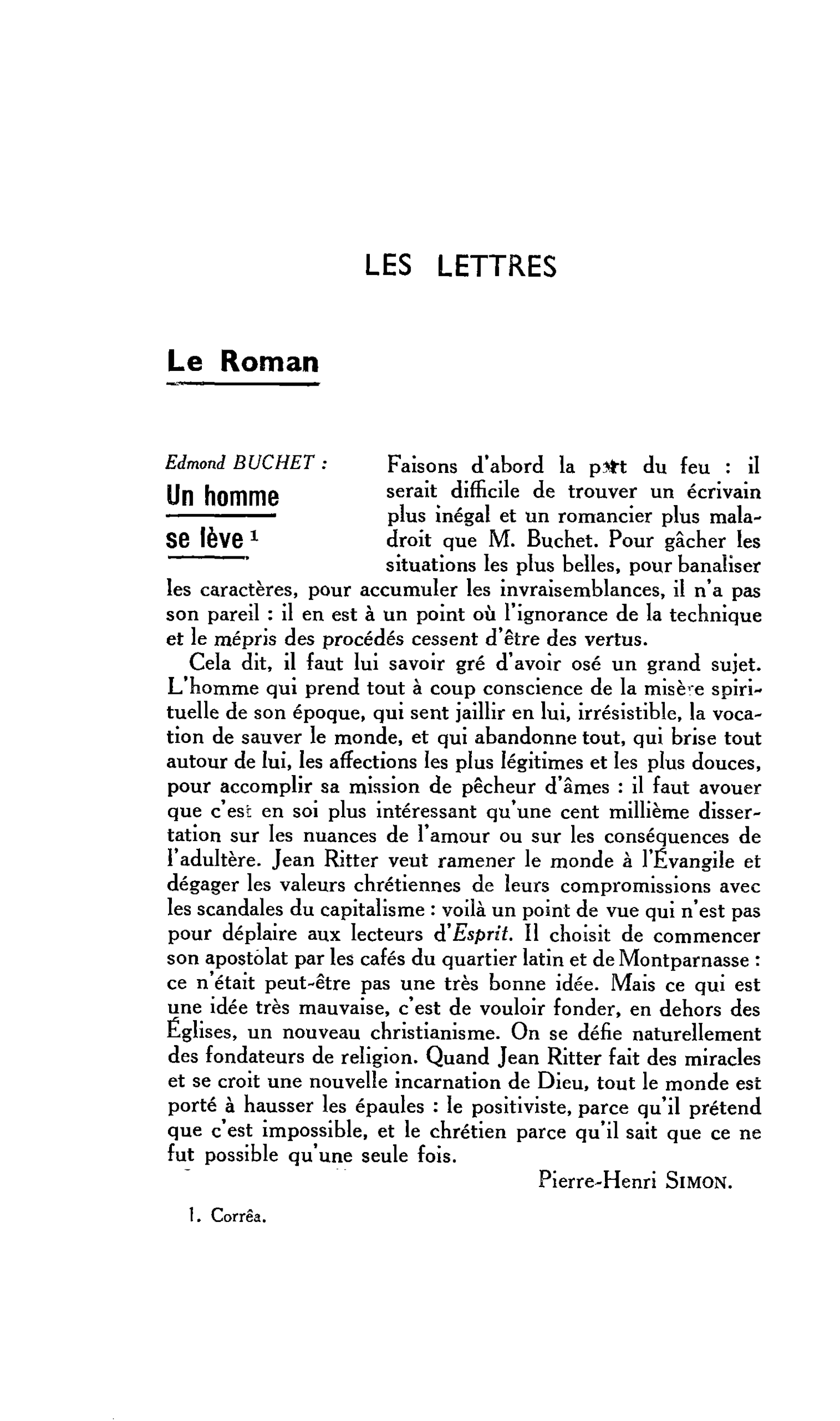 LES LETTRES : Le Roman Edmond BUCHET : Un homme se lève
