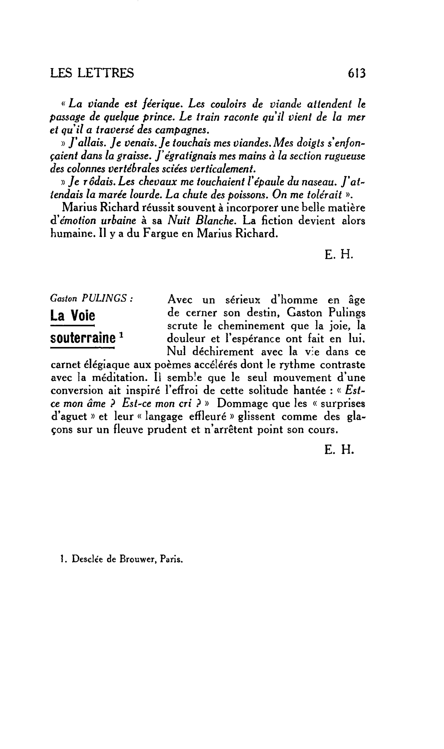 LES LETTRES : Gaston PULINGS : La Voie souterraine