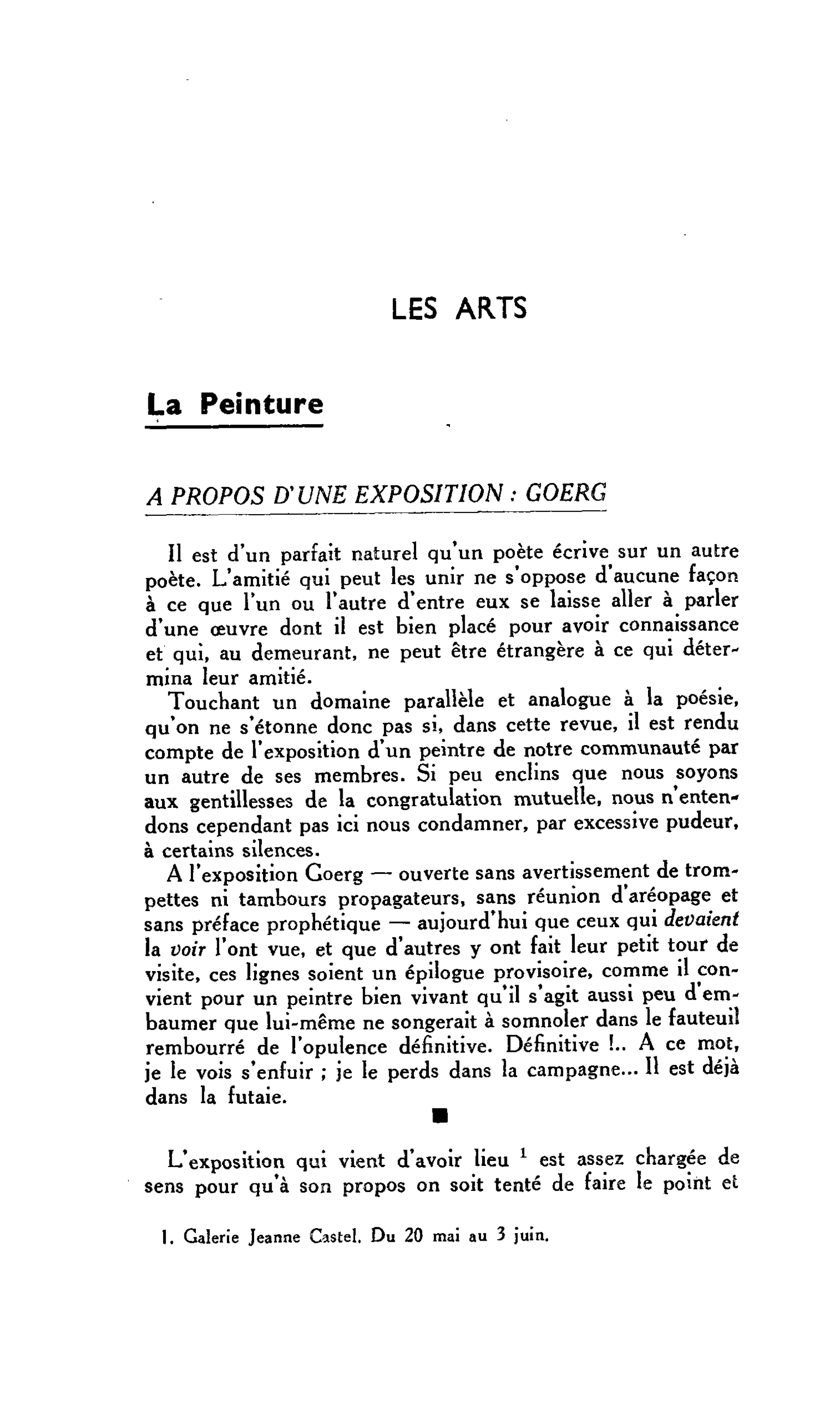 LES ARTS : La Peinture. A PROPOS D’UNE EXPOSITION : GOERG