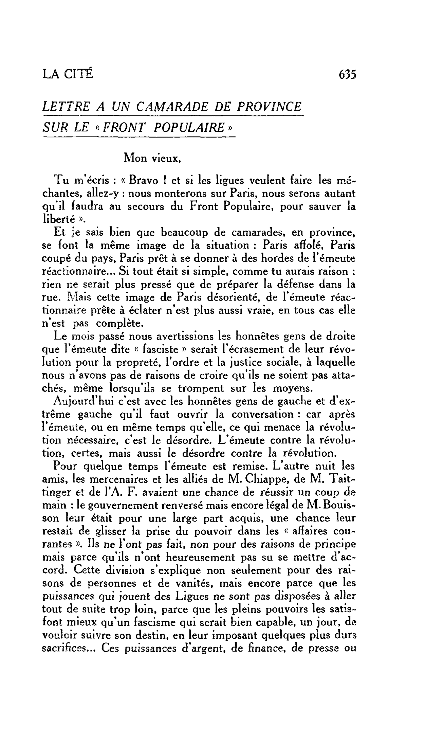Lettre à un camarade de province sur le « Front populaire »