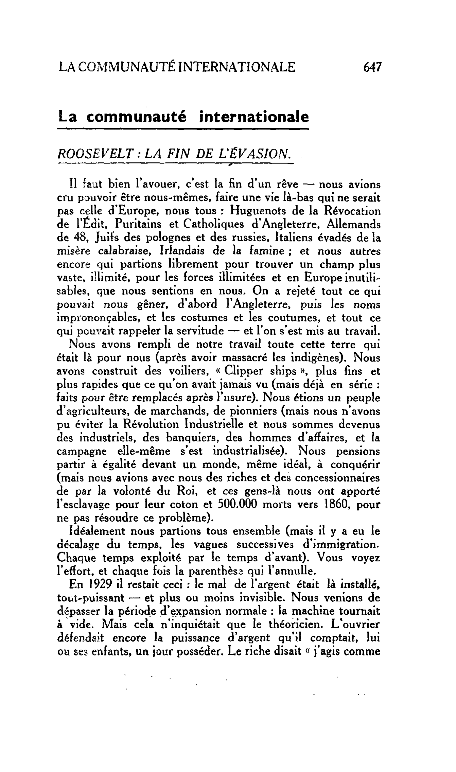 La communauté internationale. ROOSEVELT : LA FIN DE L’ÉVASION