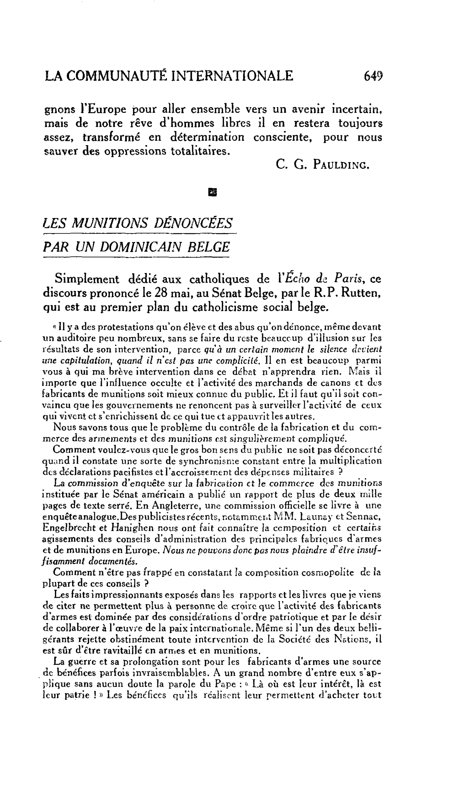 LES MUNITIONS DÉNONCÉES PAR UN DOMINICAIN BELGE
