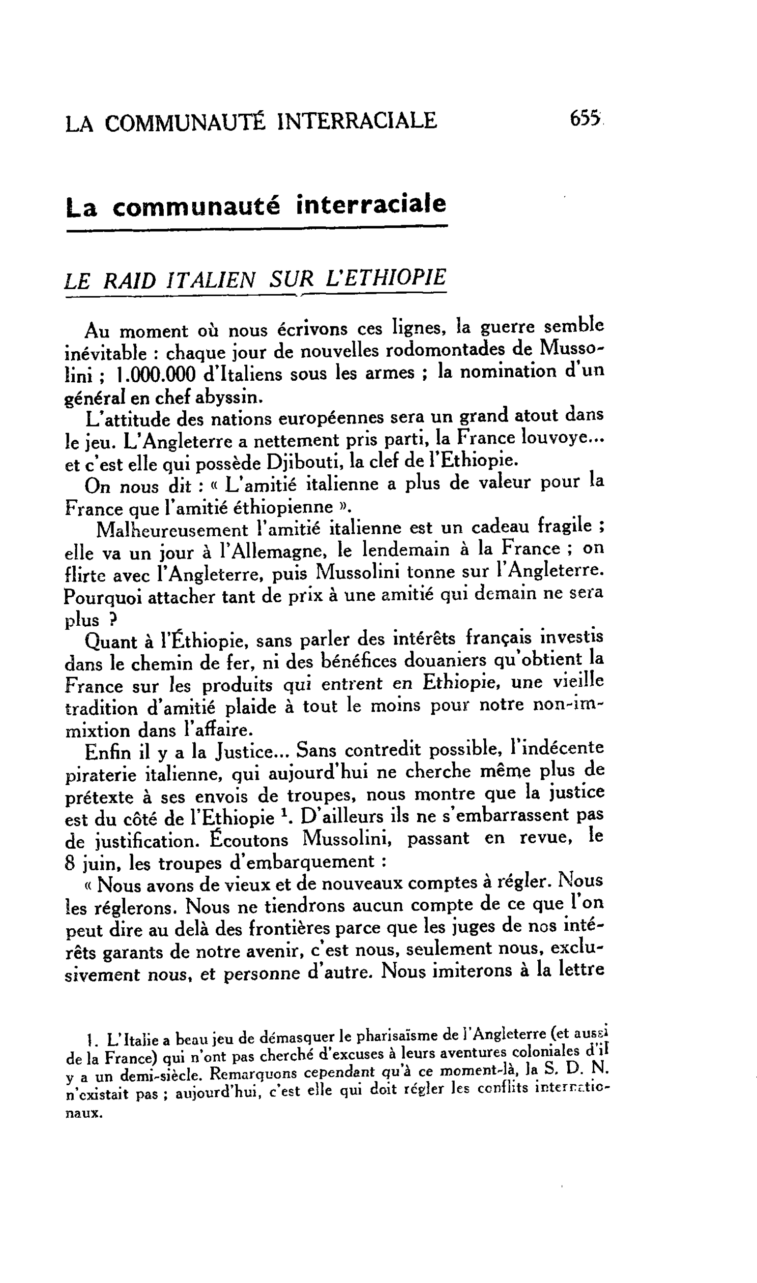 La communauté interraciale. LE RAID ITALIEN SUR L’ETHIOPIE