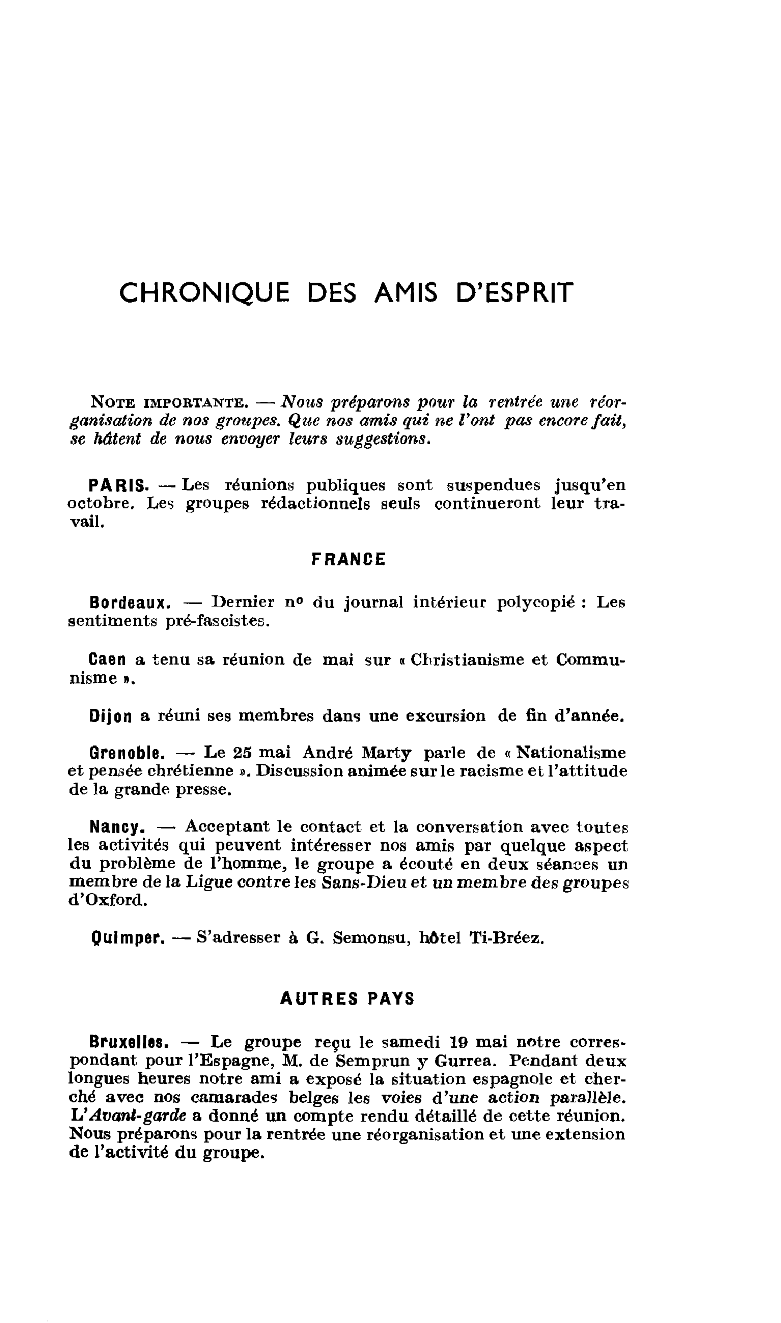 CHRONIQUE DES AMIS D’ESPRIT