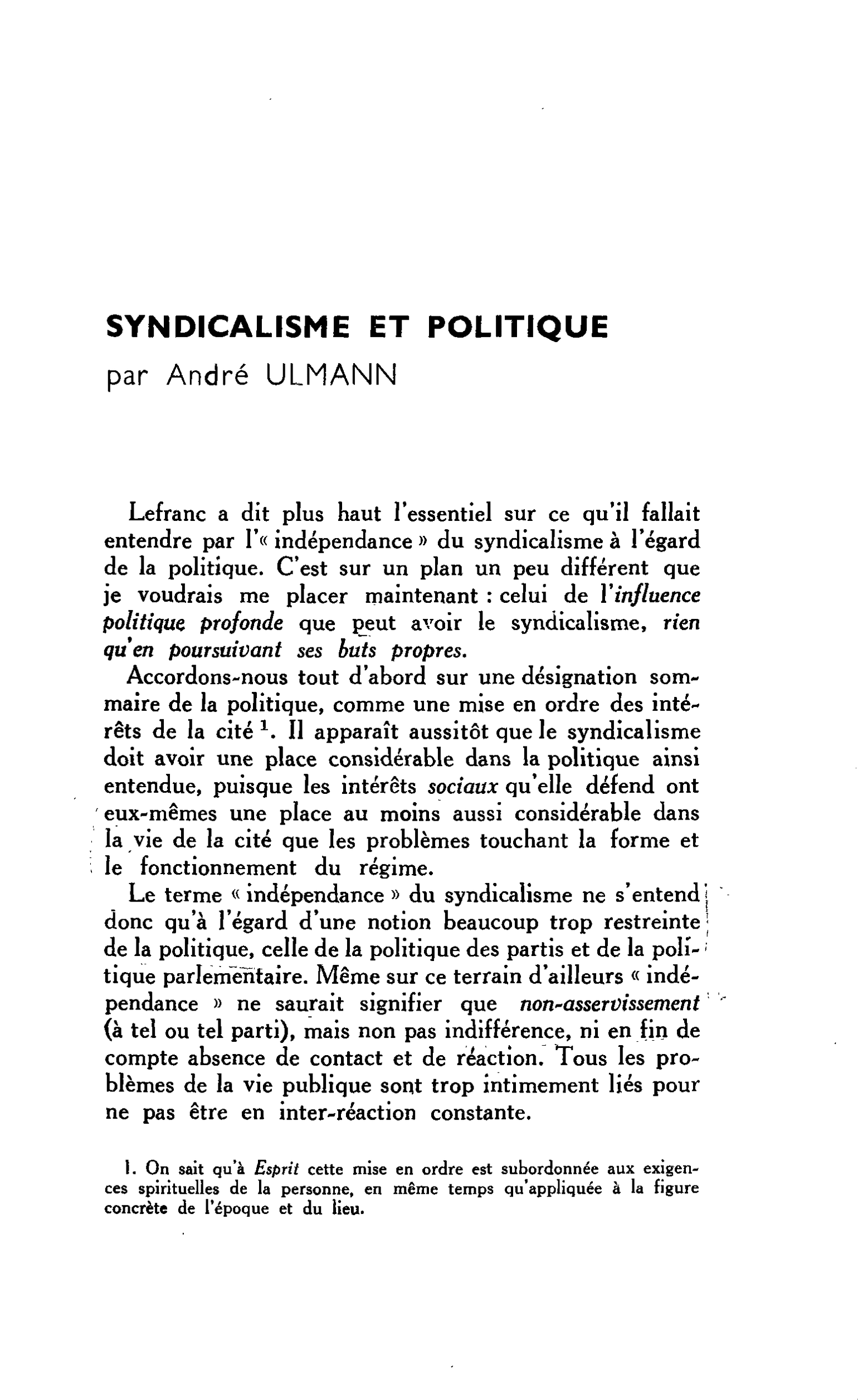 SYNDICALISME ET POLITIQUE
