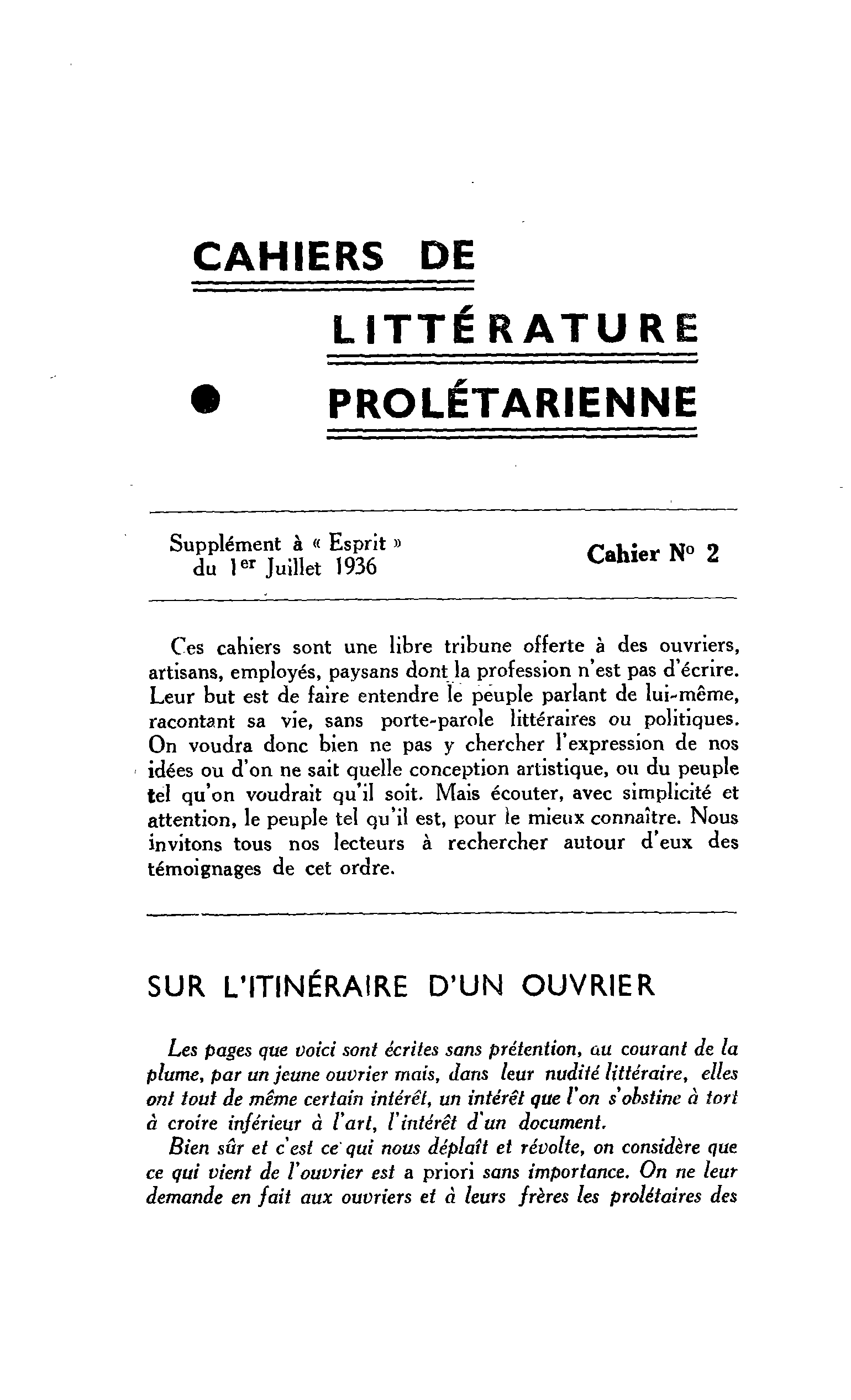 SUR L’ITINÉRAIRE D’UN OUVRIER