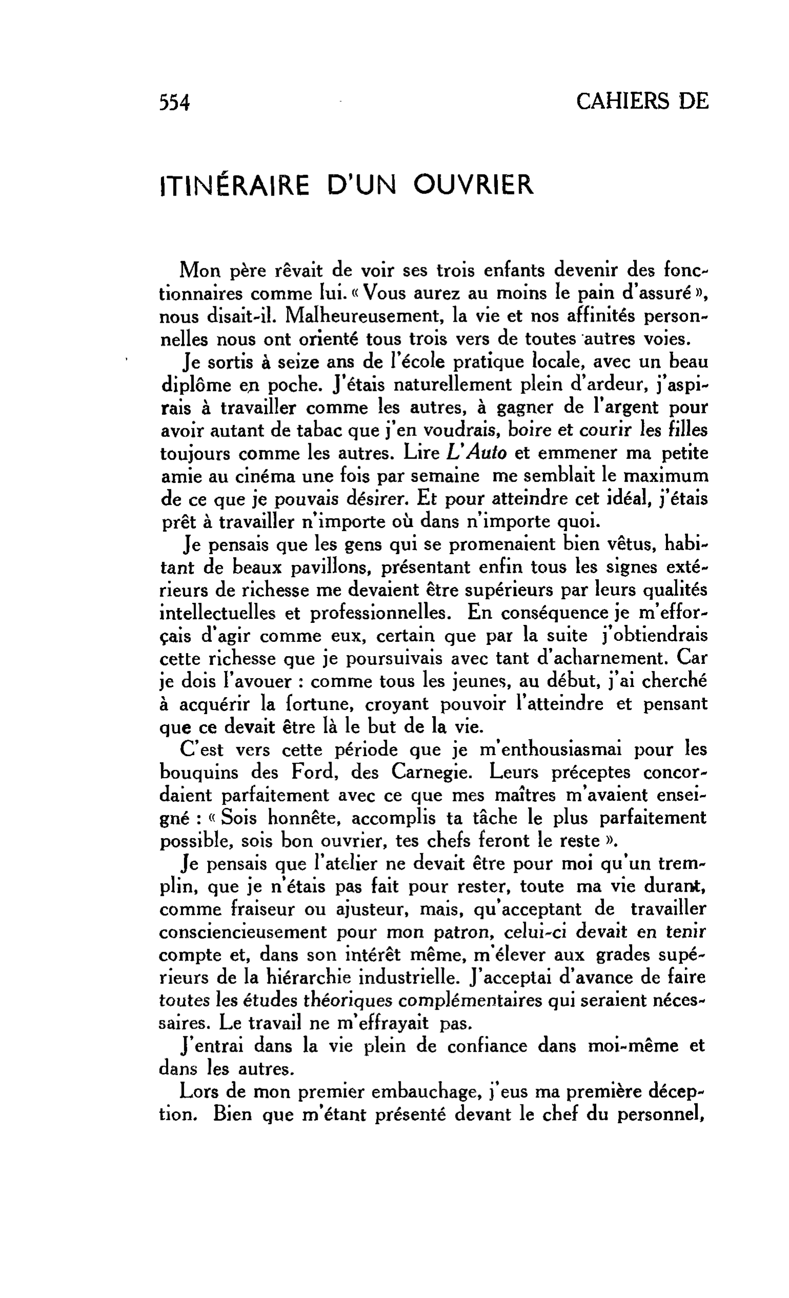 ITINÉRAIRE D’UN OUVRIER