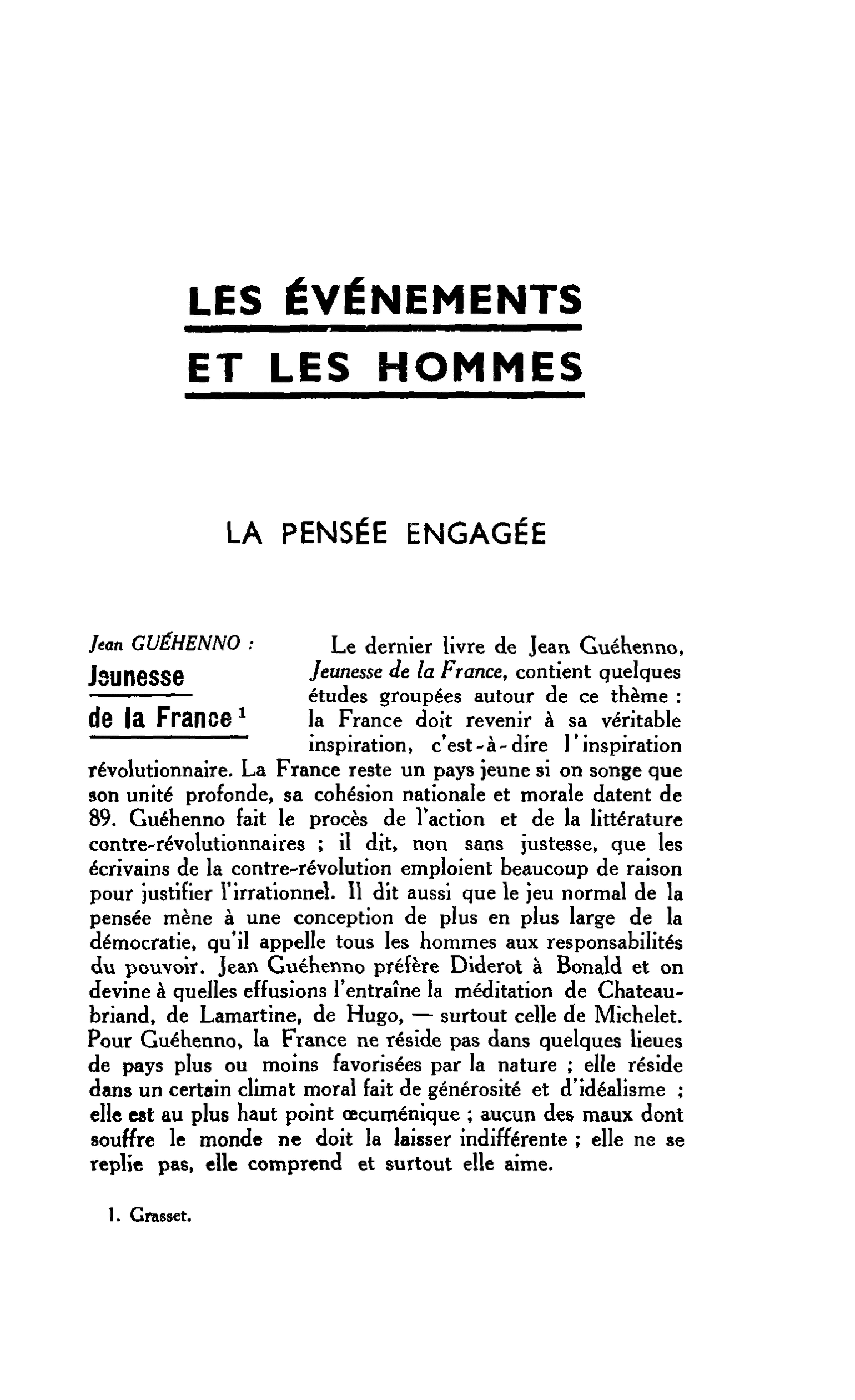 LA PENSÉE ENGAGÉE. Jean GUÉHENNO : Jeunesse de la France