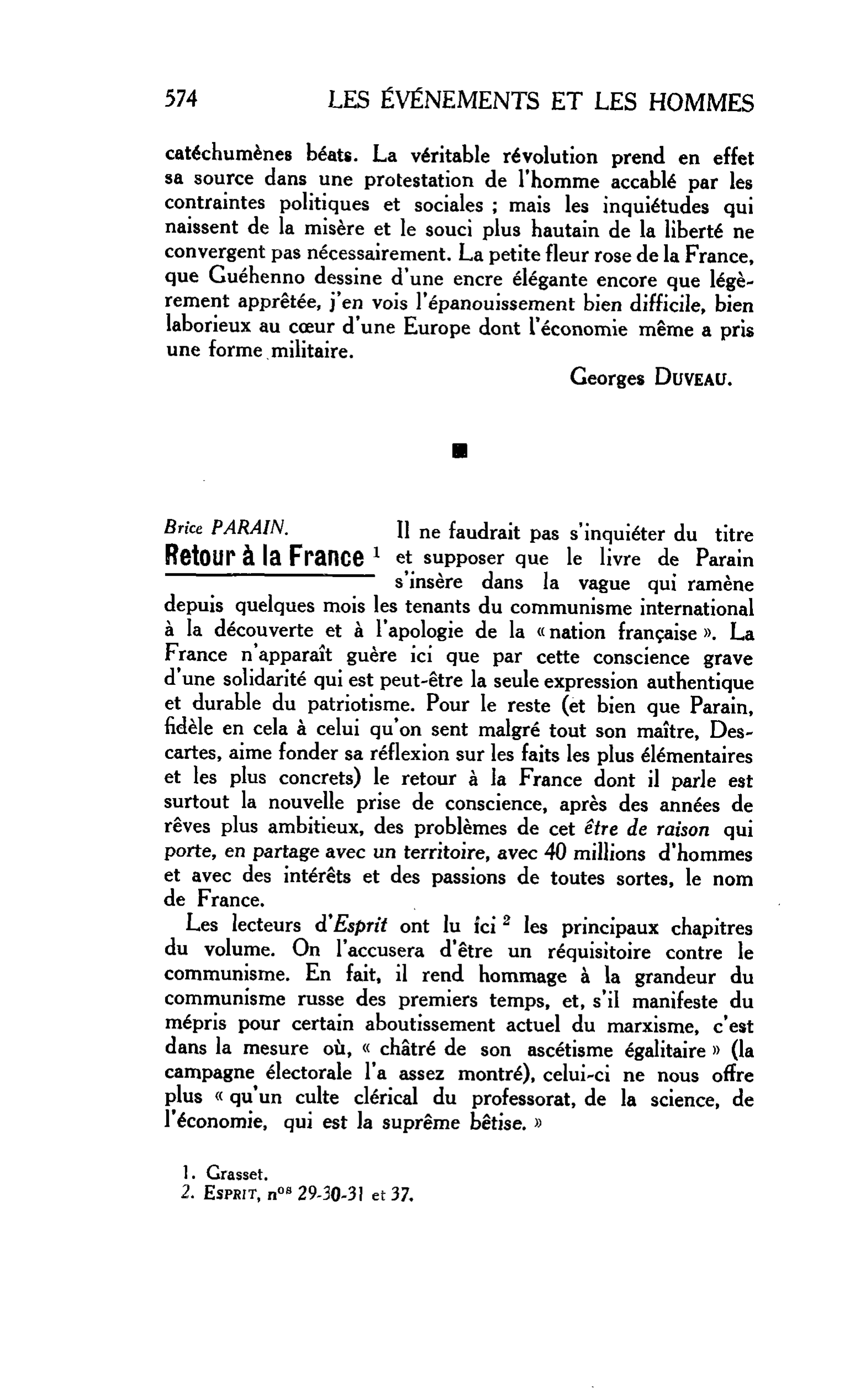 LA PENSÉE ENGAGÉE : Brice PARAIN. Retour à la France