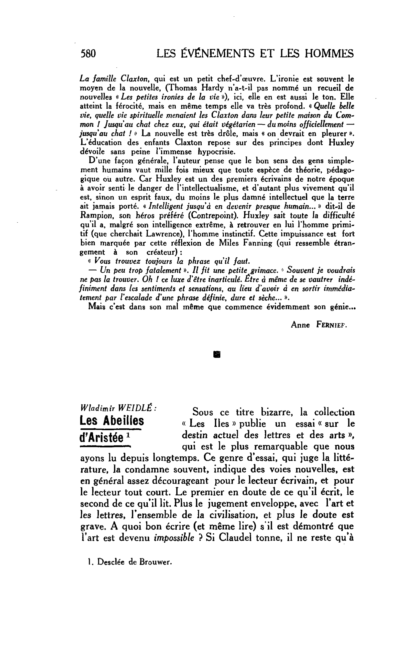 LES LETTRES : Wladimir WEIDLÉ : Les Abeilles d’Aristée