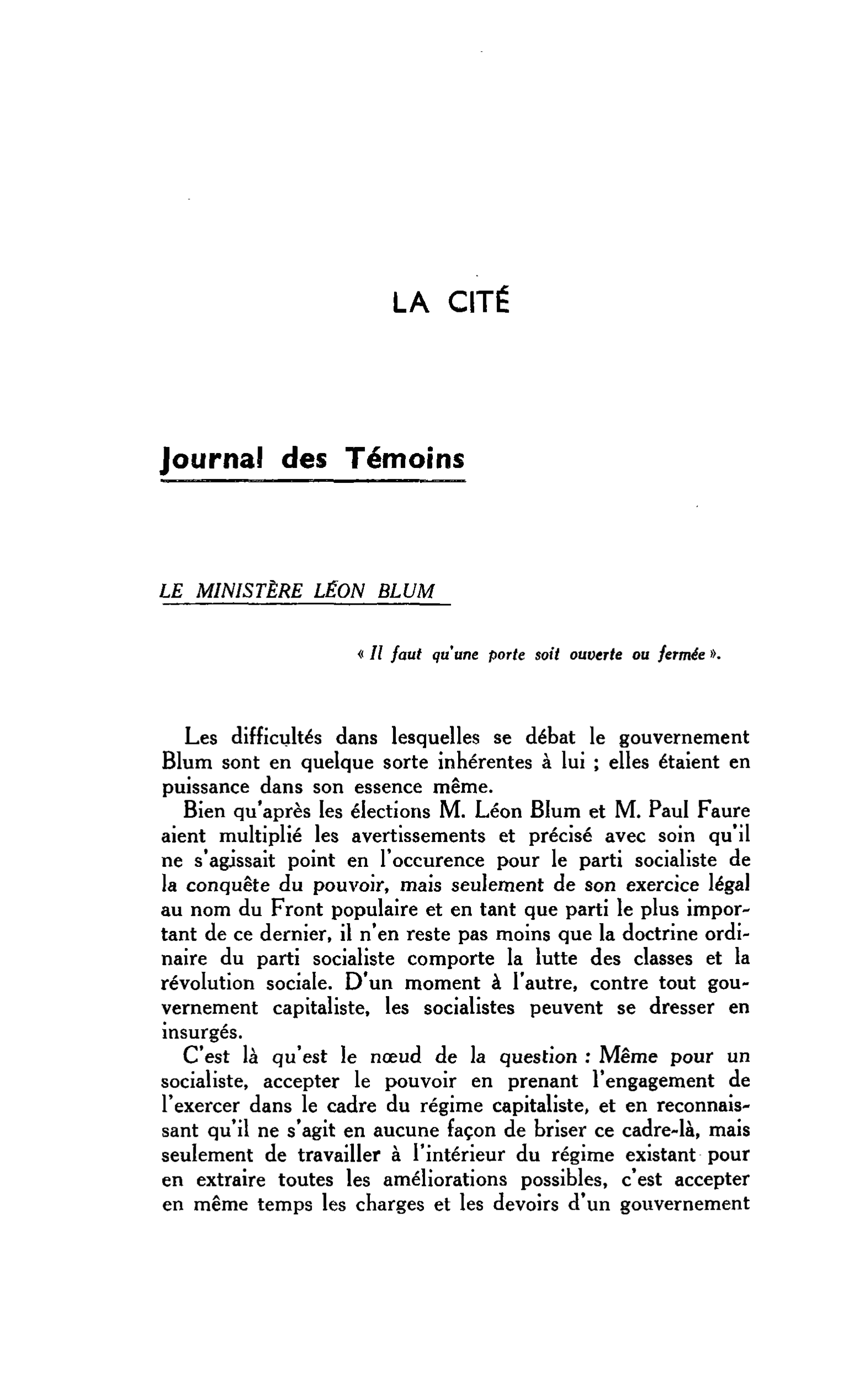 LA CITÉ : Journal des Témoins