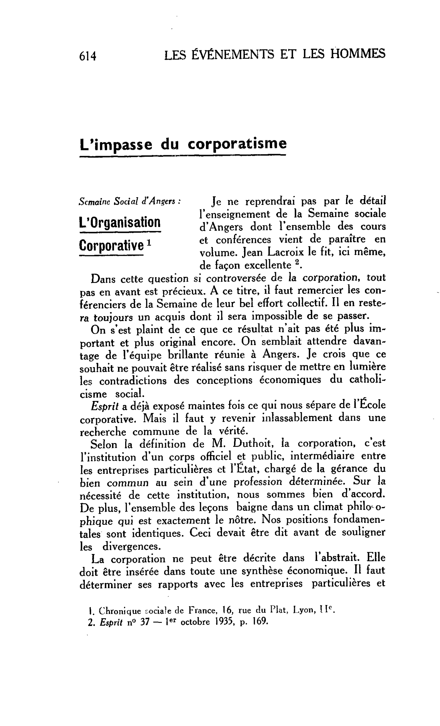 LA CITÉ : L’impasse du corporatisme. Semaine Social d’Angers : L’Organisation Corporative