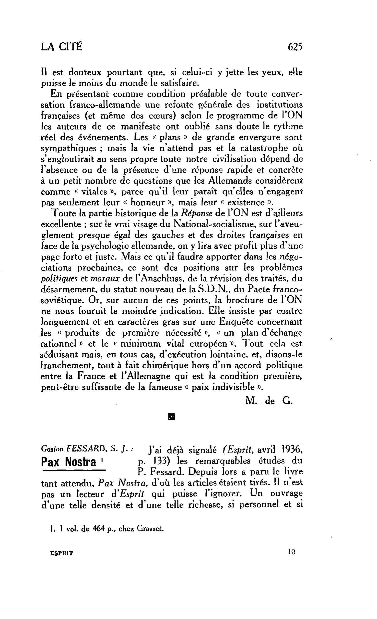 La Cité : Gaston Fessard, S. J. : Pax Nostra