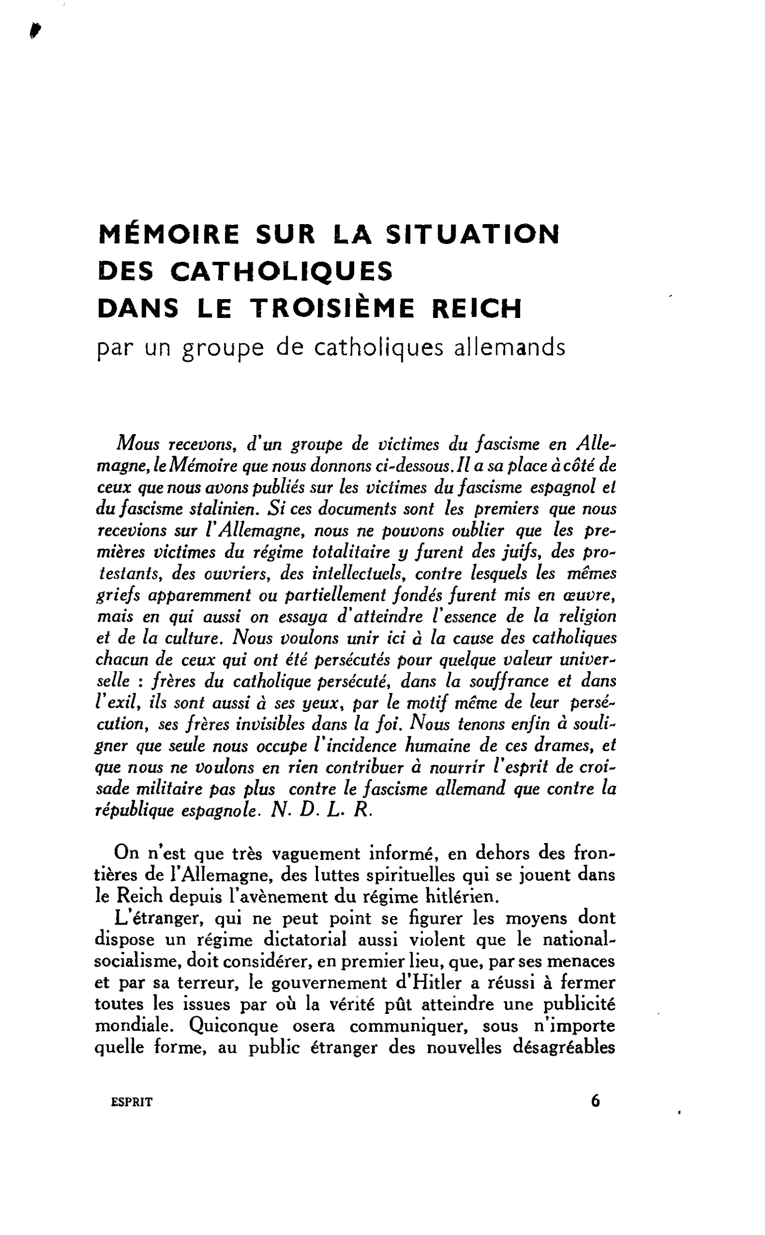 MÉMOIRE SUR LA SITUATION DES CATHOLIQUES DANS LE TROISIÈME REICH par un groupe de catholiques allemands