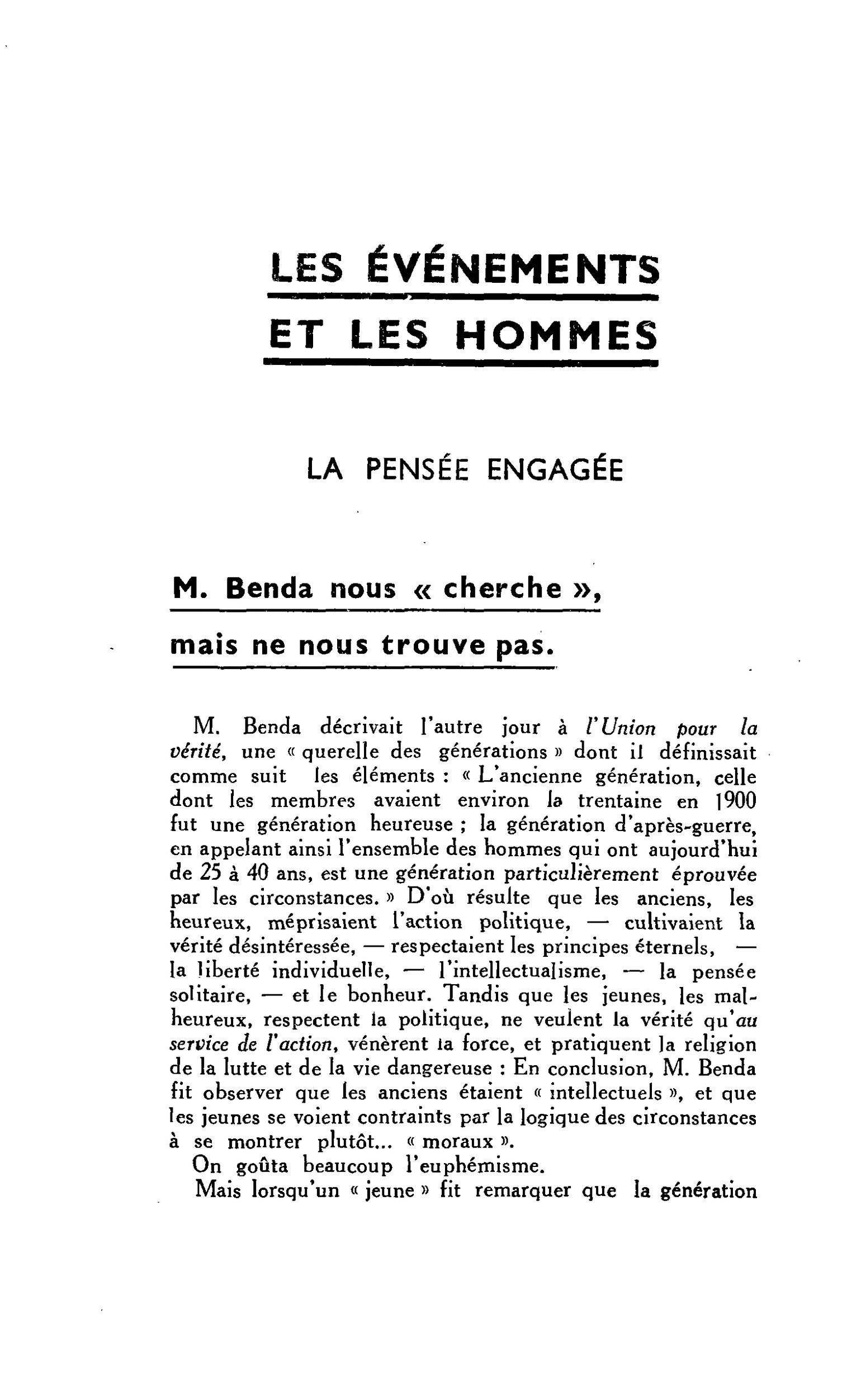LA PENSÉE ENGAGÉE : M. Benda nous « cherche », mais ne nous trouve pas