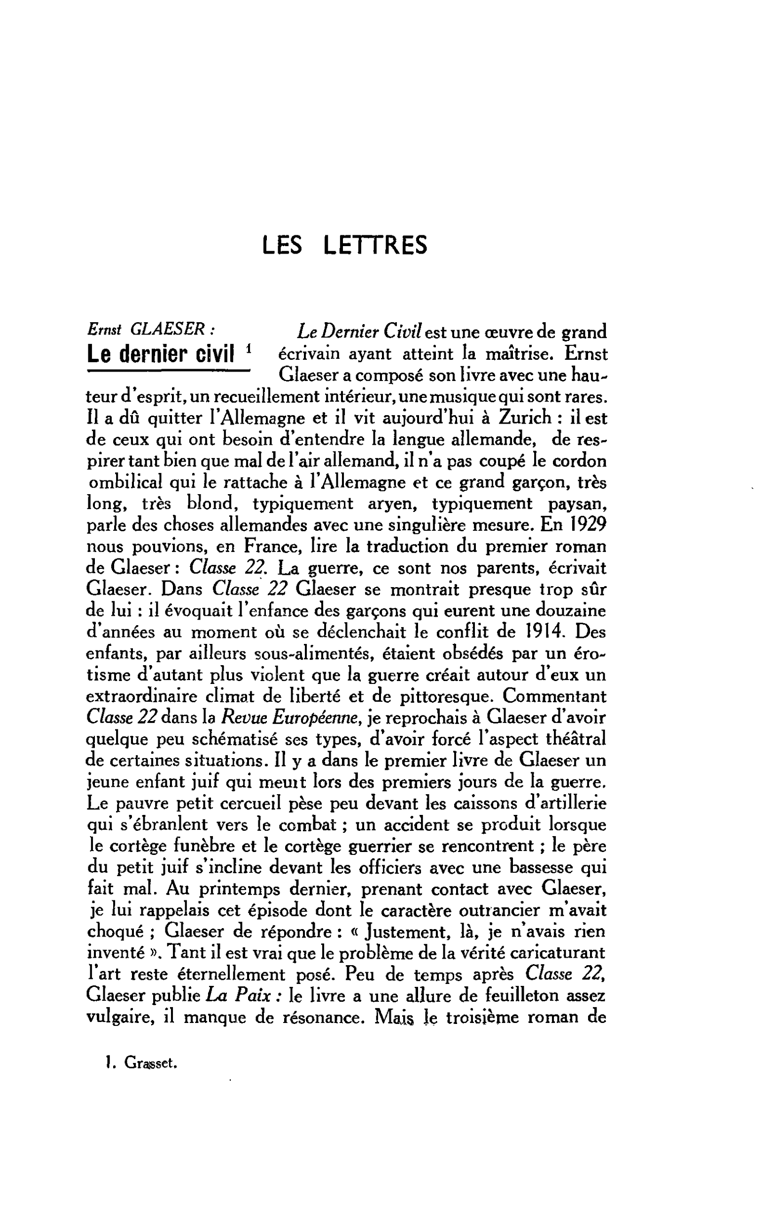 LES LETTRES. Ernst GLAESER : Le dernier civil