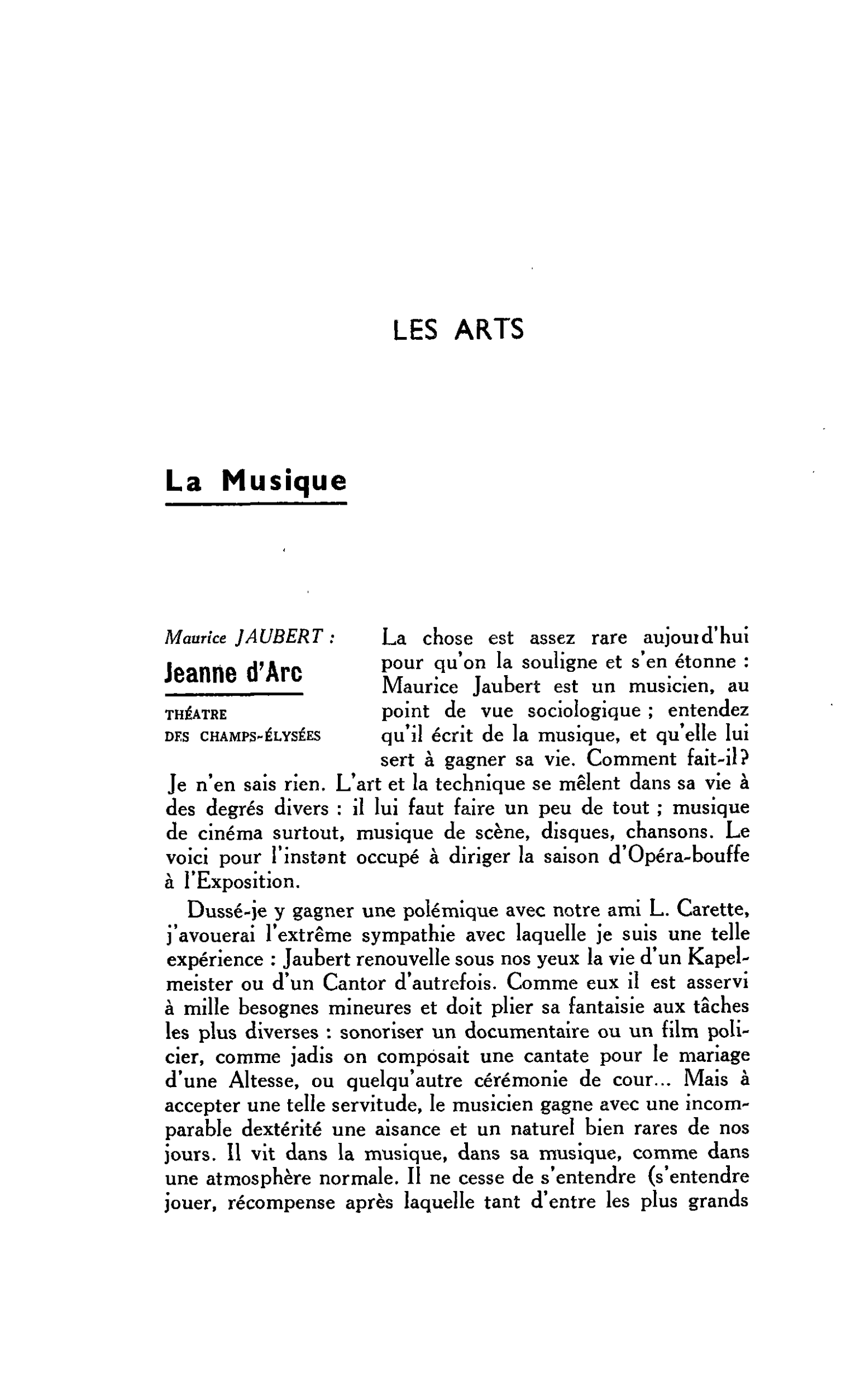 LES ARTS. Maurice JAUBERT : Jeanne d’Arc. THÉÂTRE DES CHAMPS-ELYSÉES