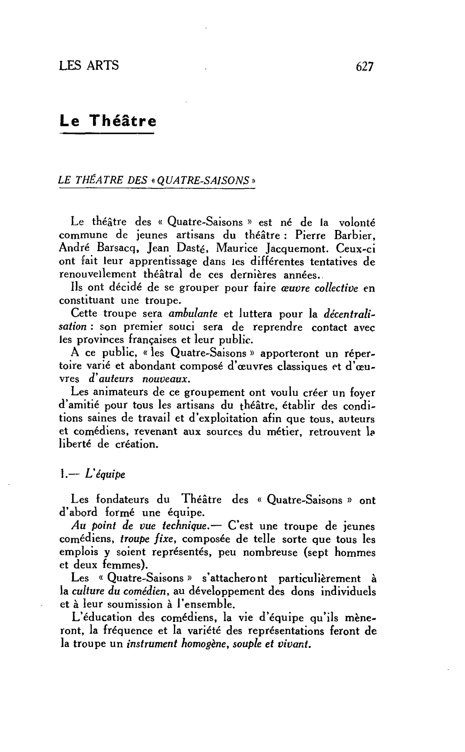 LES ARTS. Le Théâtre : LE THÉÂTRE DES « QUATRE-SAISONS »