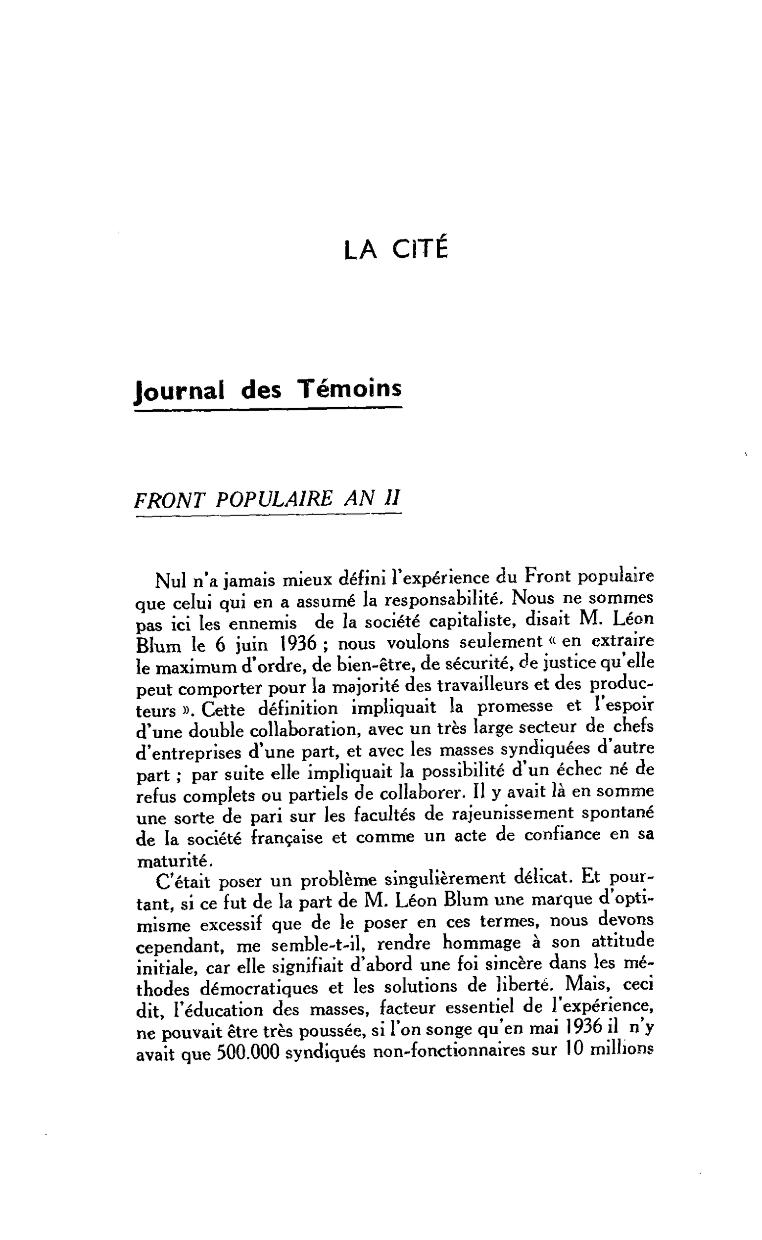 LA CITÉ FRONT POPULAIRE AN II