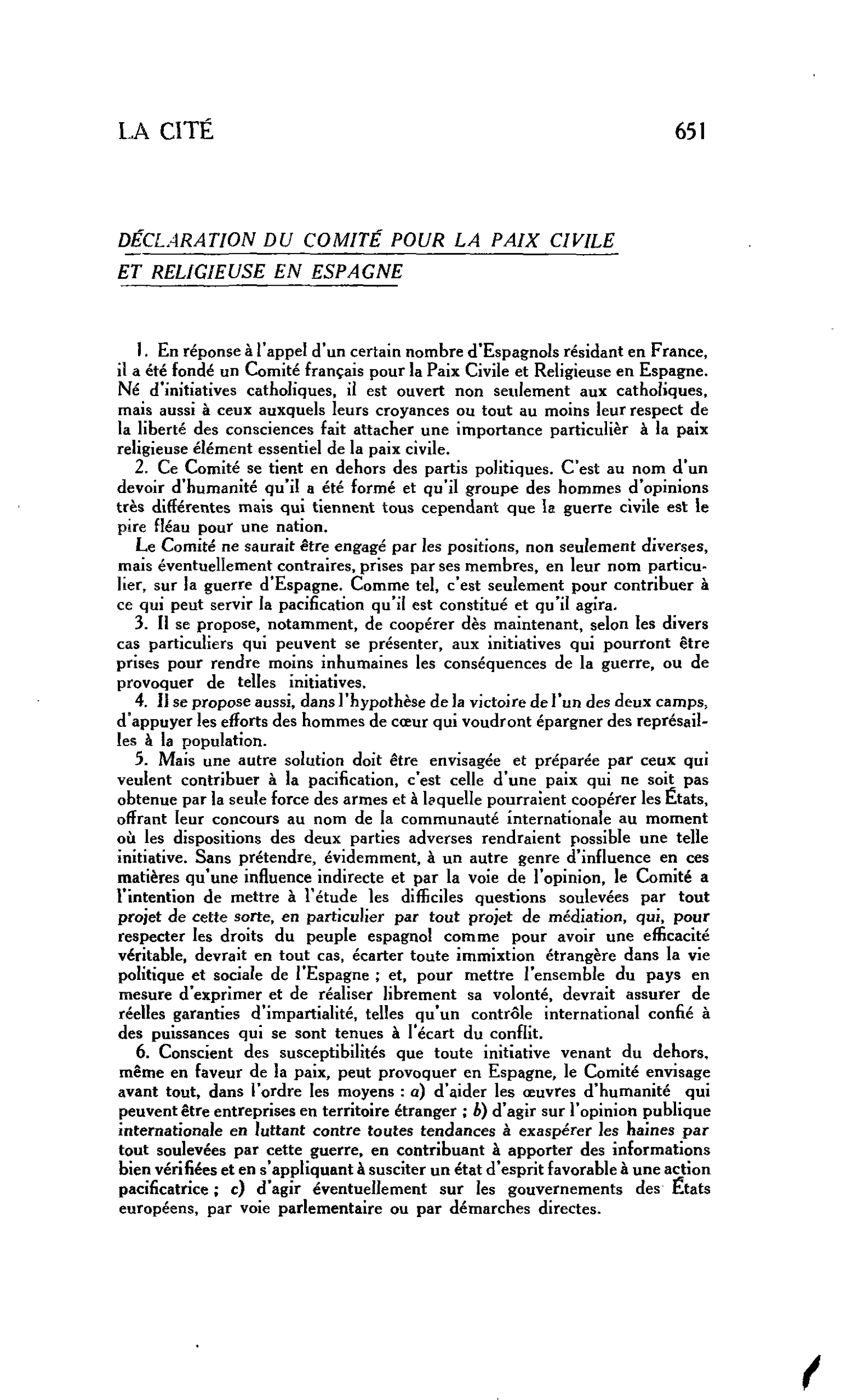DÉCLARATION DU COMITE POUR LA PAIX CIVILE ET RELIGIEUSE EN ESPAGNE