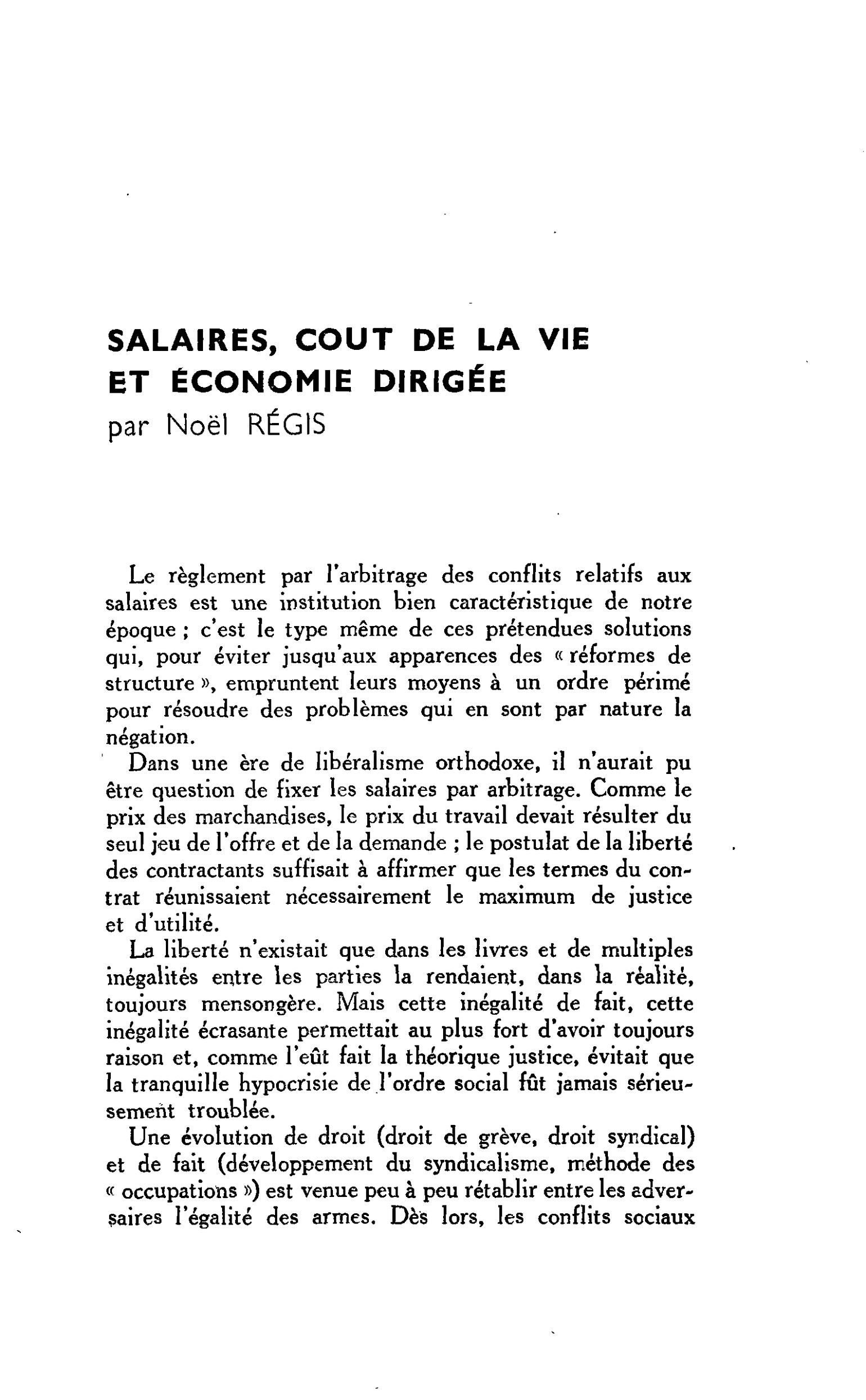SALAIRES, COUT DE LA VIE ET ÉCONOMIE DIRIGÉE