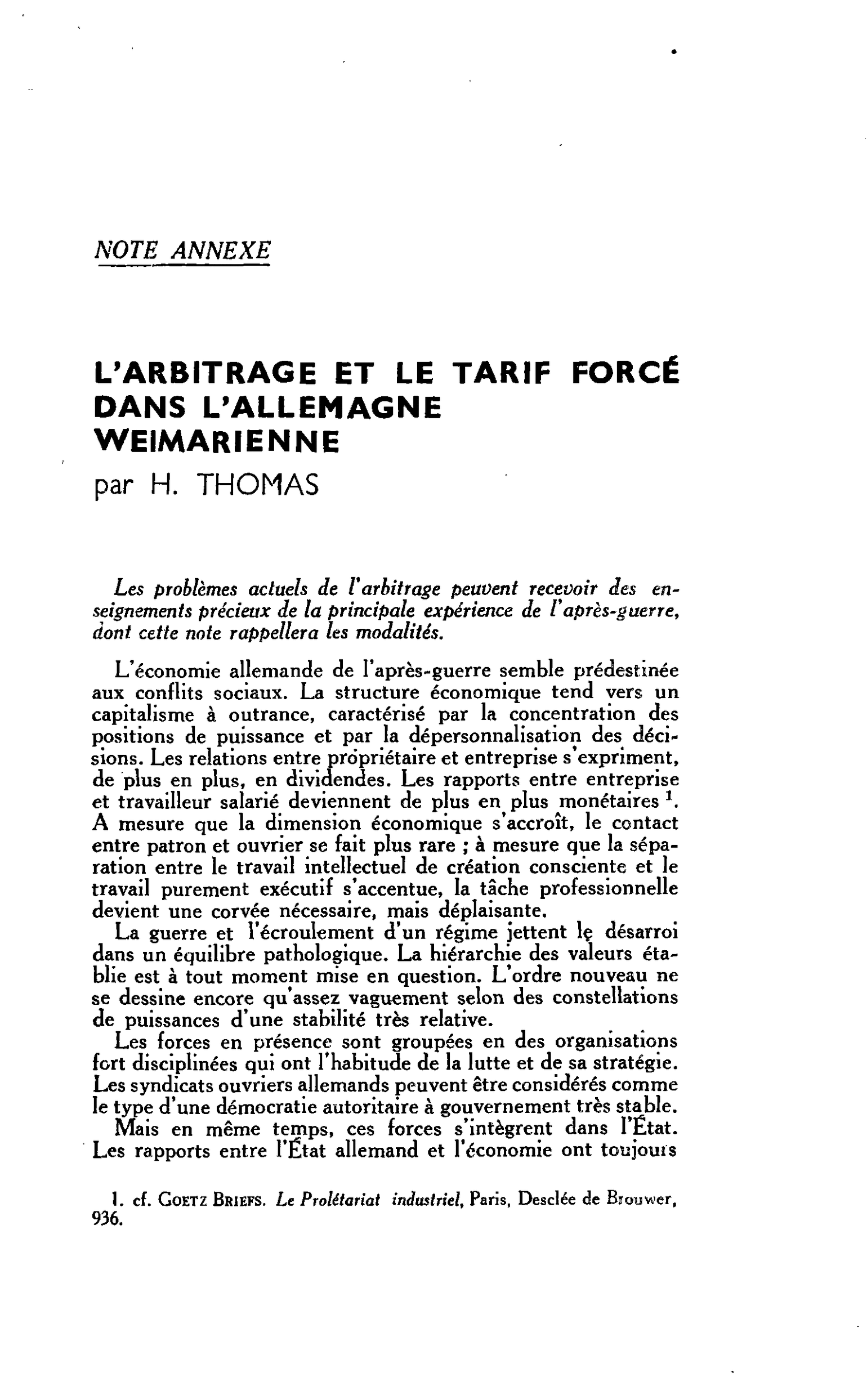 L’ARBITRAGE ET LE TARIF FORCÉ DANS L’ALLEMAGNE WEIMARIENNE