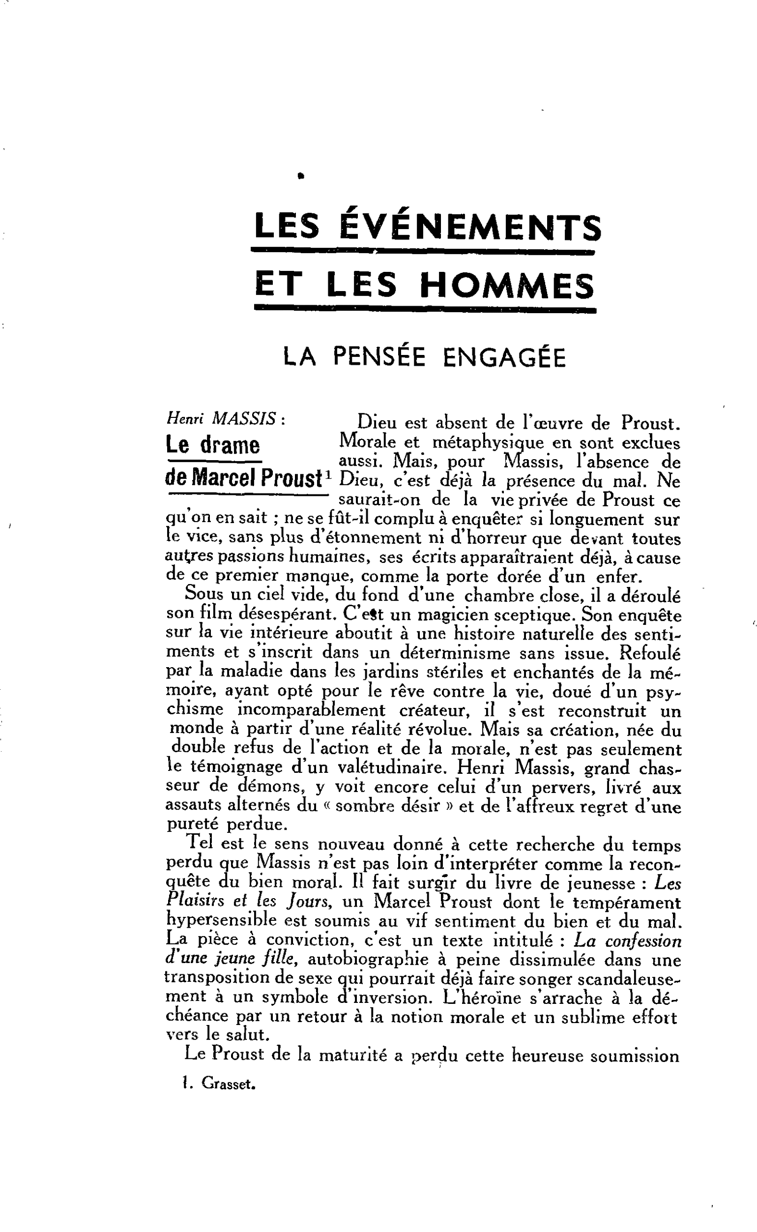 LA PENSÉE ENGAGÉE. Henri MASSIS : Le drame de Marcel Proust