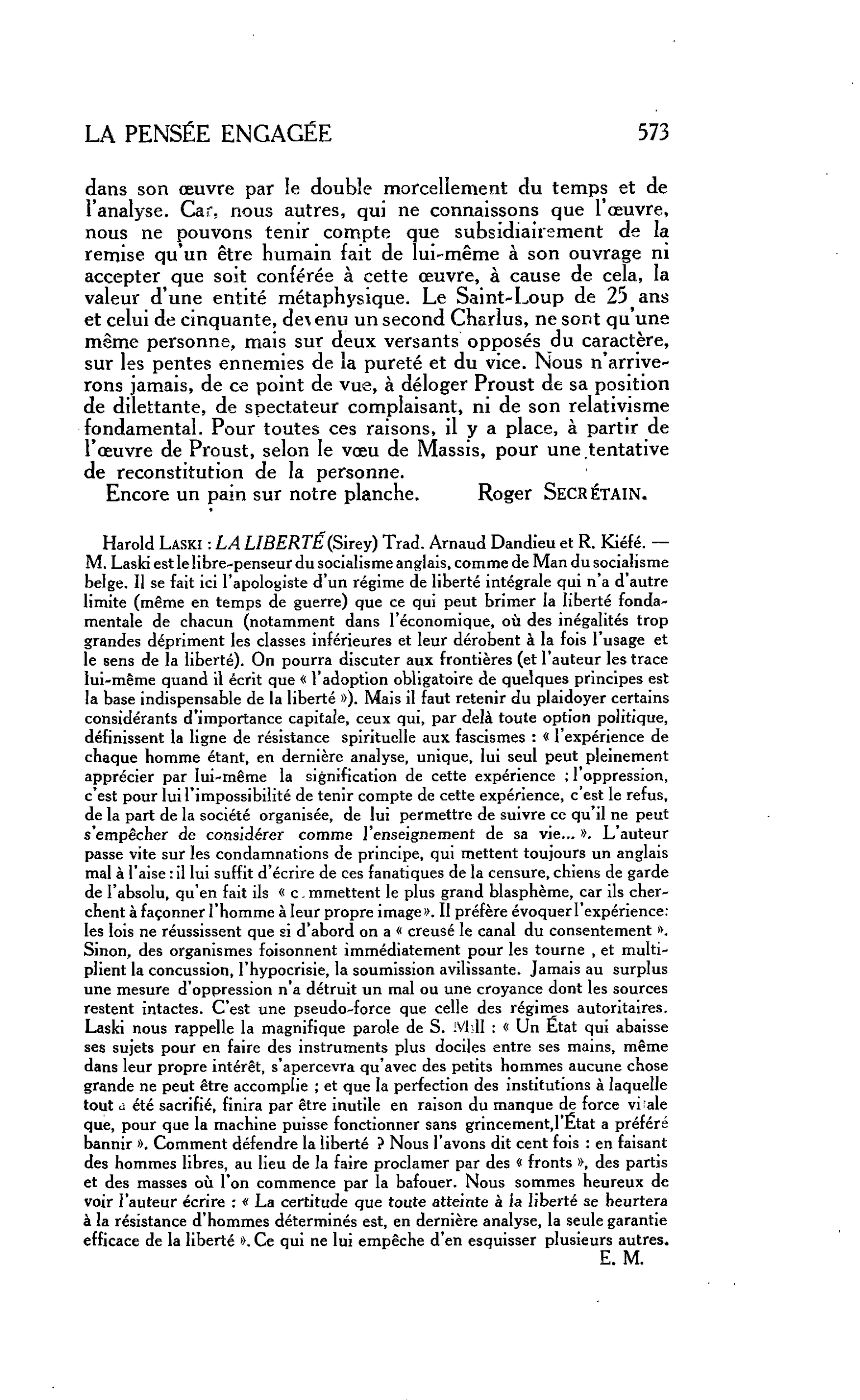 LA PENSÉE ENGAGÉE : Harold Laski : La liberté (Sirey)
