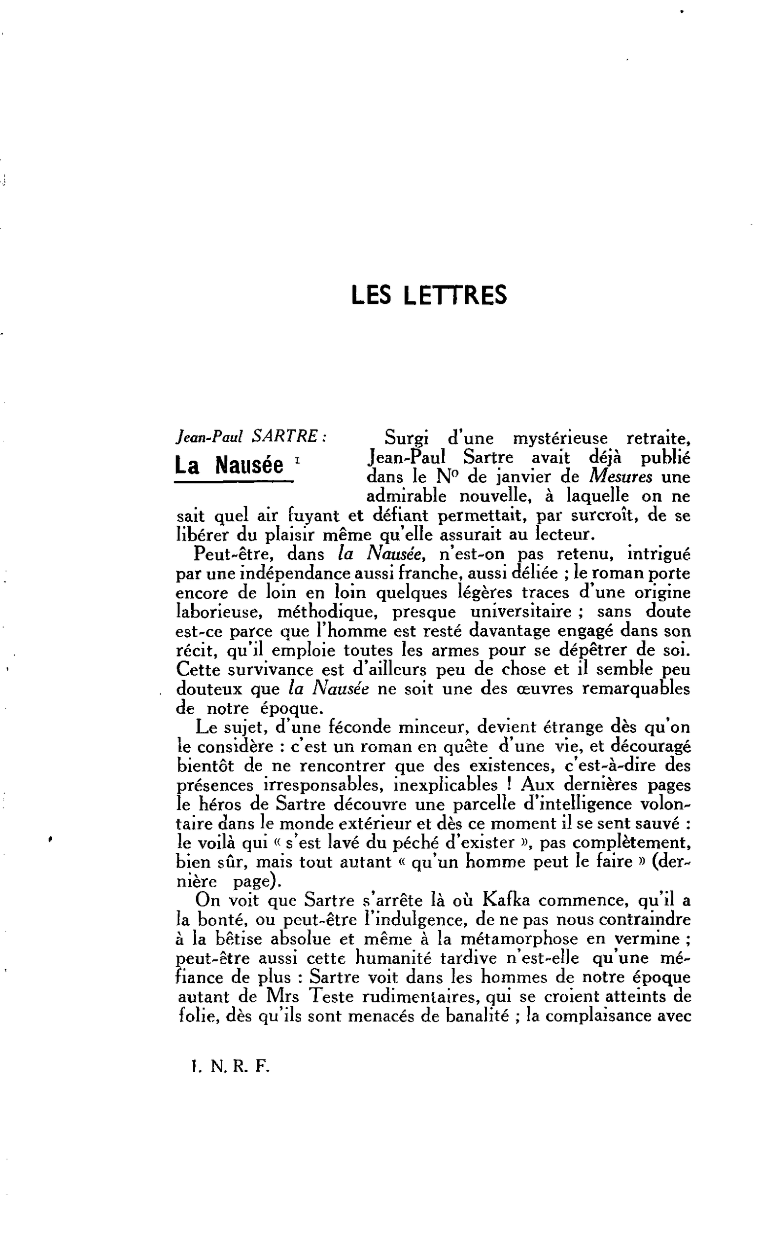 LES LETTRES Jean-Paul SARTRE : La Nausée