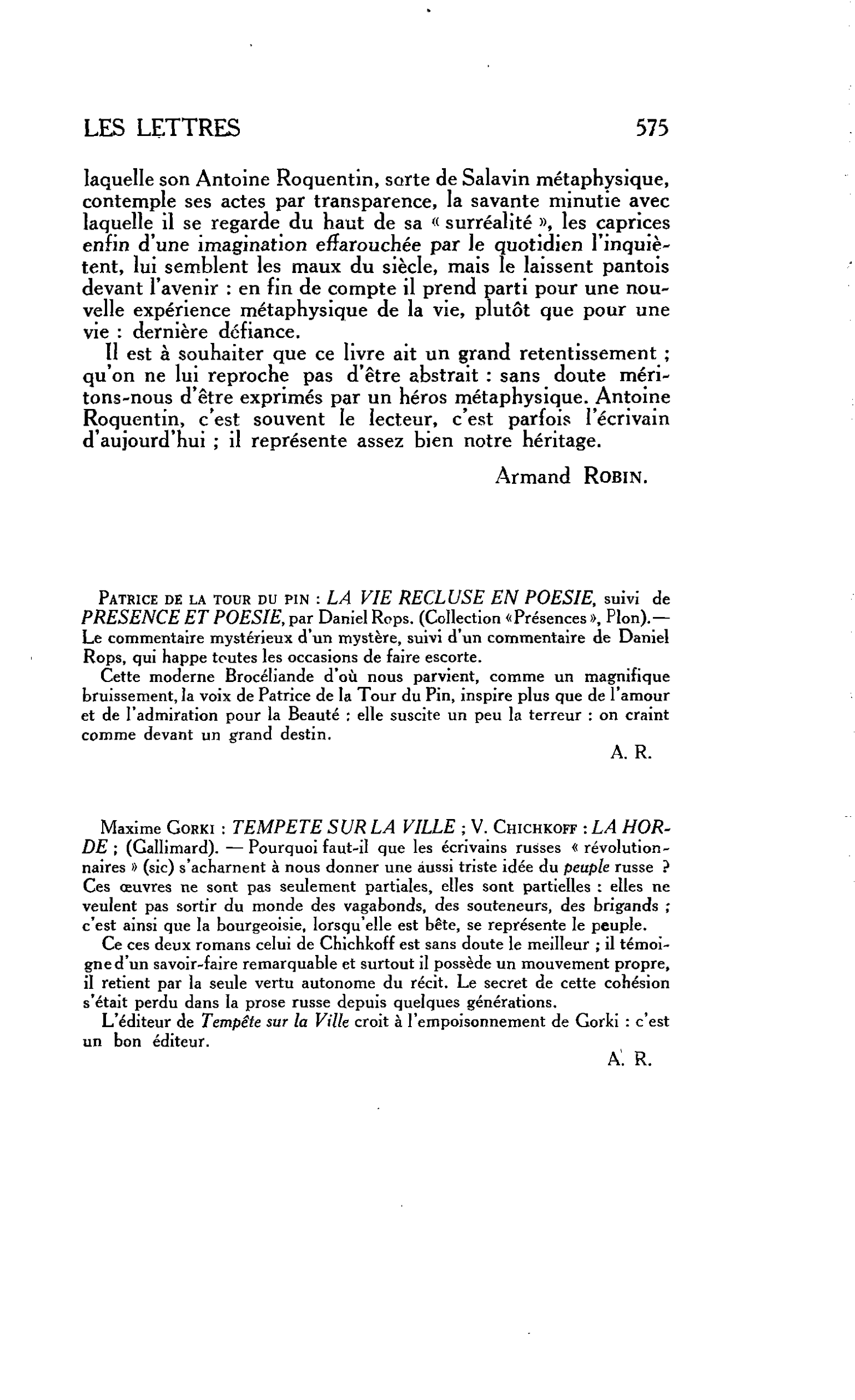 LES LETTRES : Patrice de la tour du pin : LA VIE RECLUSE EN POESIE, suivi de PRESENCE ET POESIE, par Daniel Rops