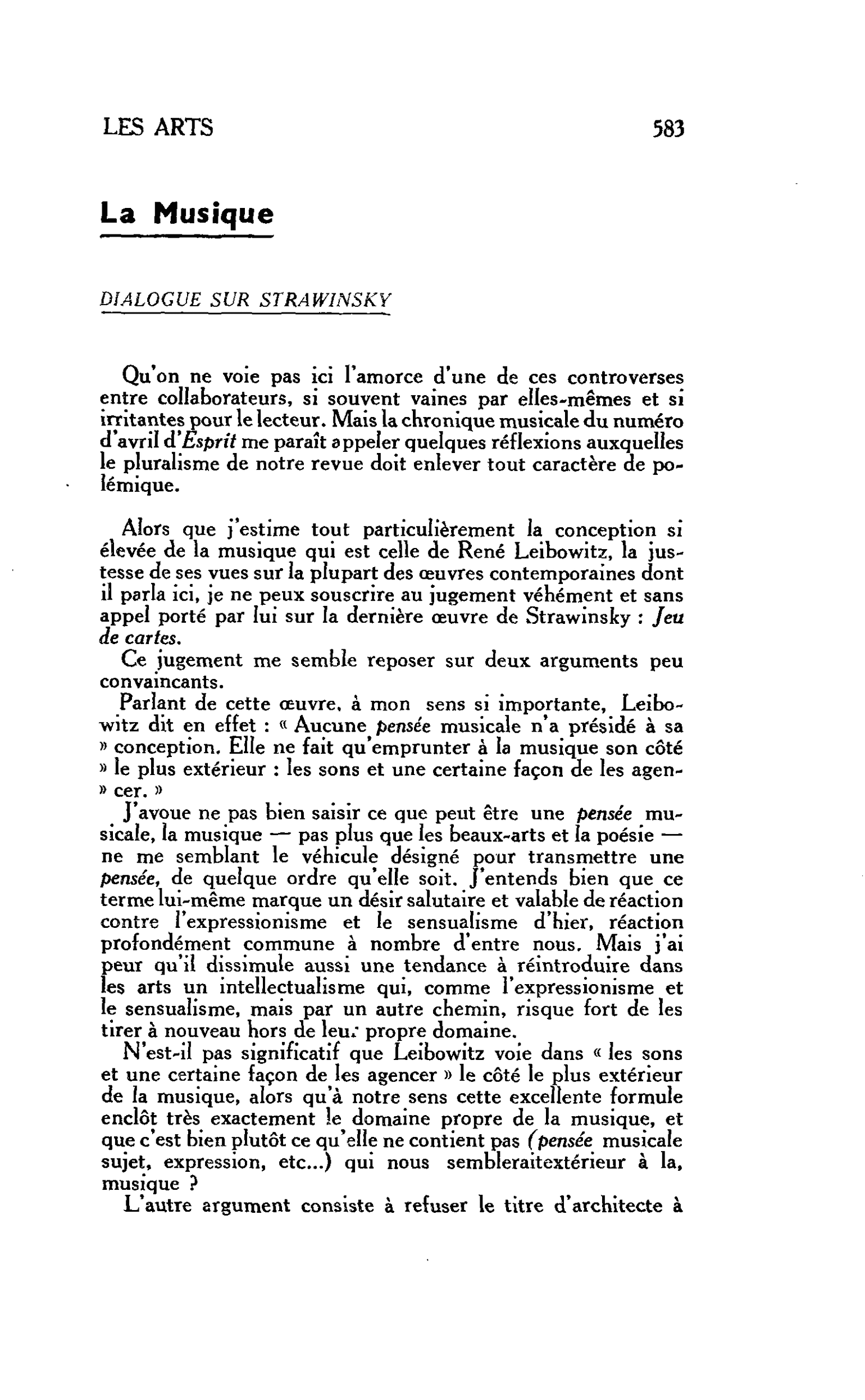 LES ARTS : La Musique DIALOGUE SUR STRAWINSKY