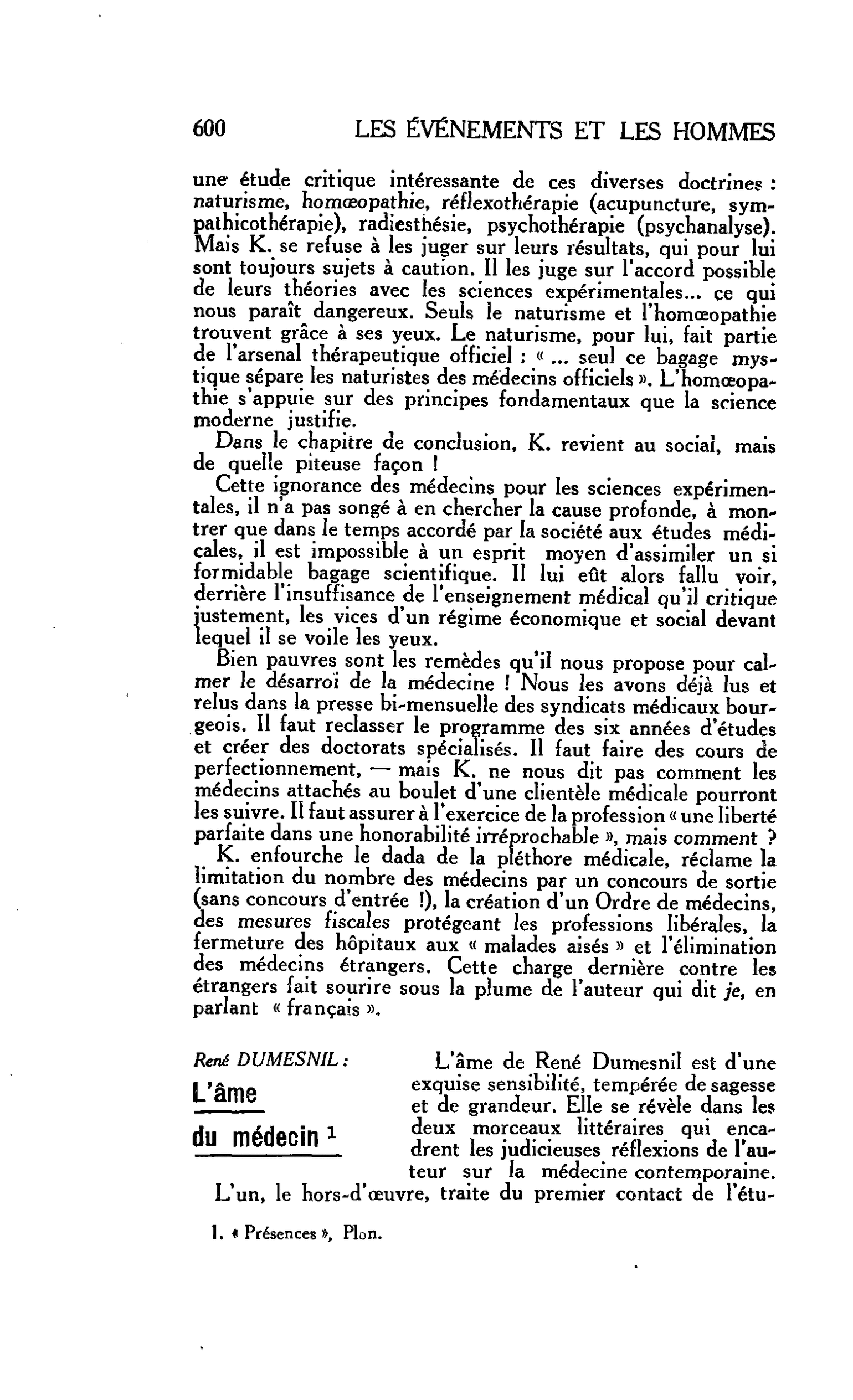 LES ARTS : René DUMESNIL : L’âme du médecin
