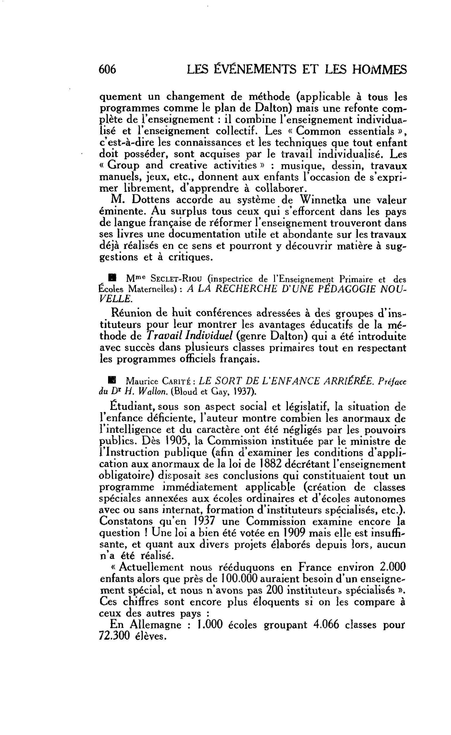 LES ARTS : Maurice Carité : LE SORT DE L’ENFANCE ARRIÉRÉE. Préface du Dr H. Wallon