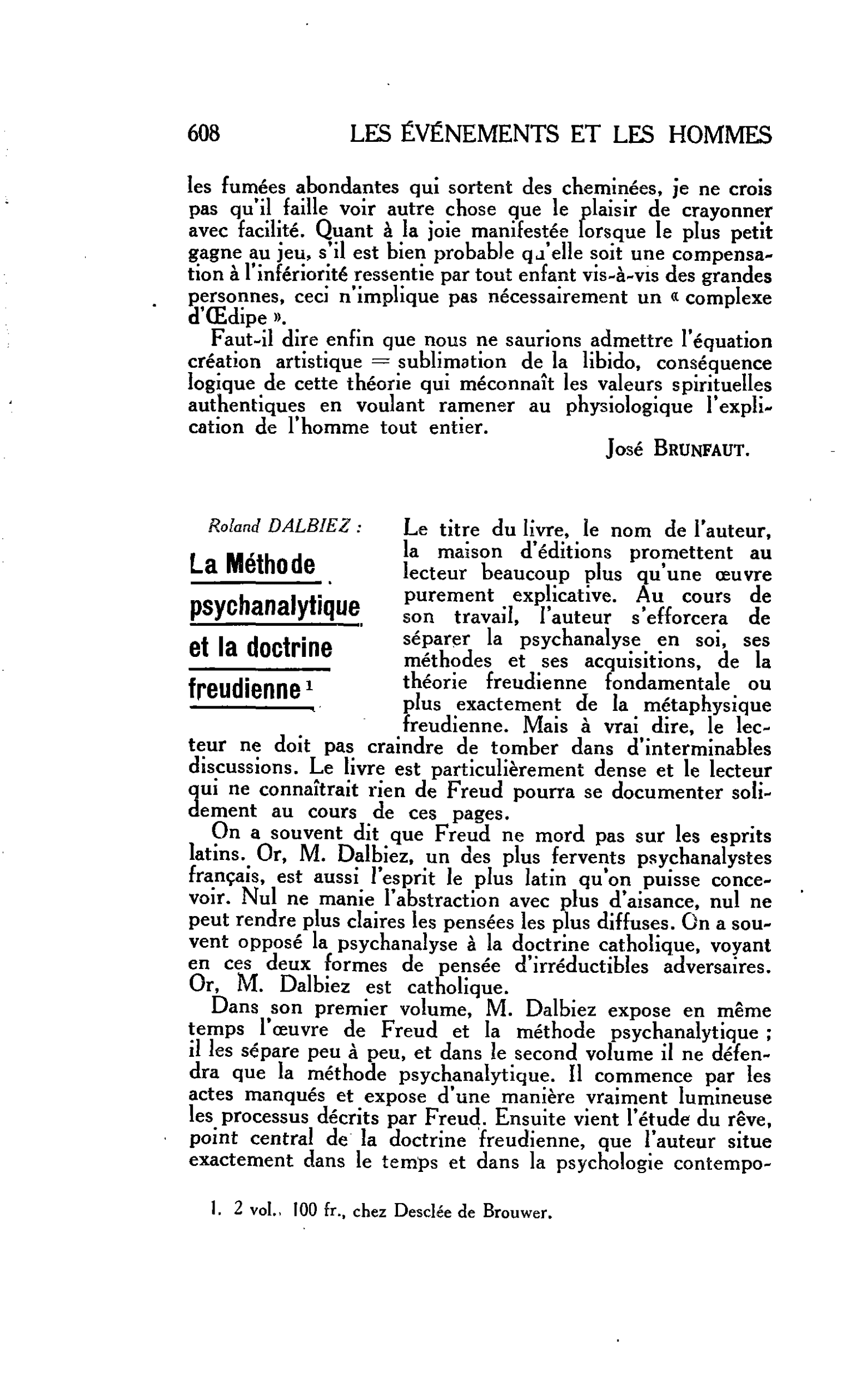 LES ARTS : Roland DALBIEZ : La Méthode psychanalytique et la doctrine freudienne