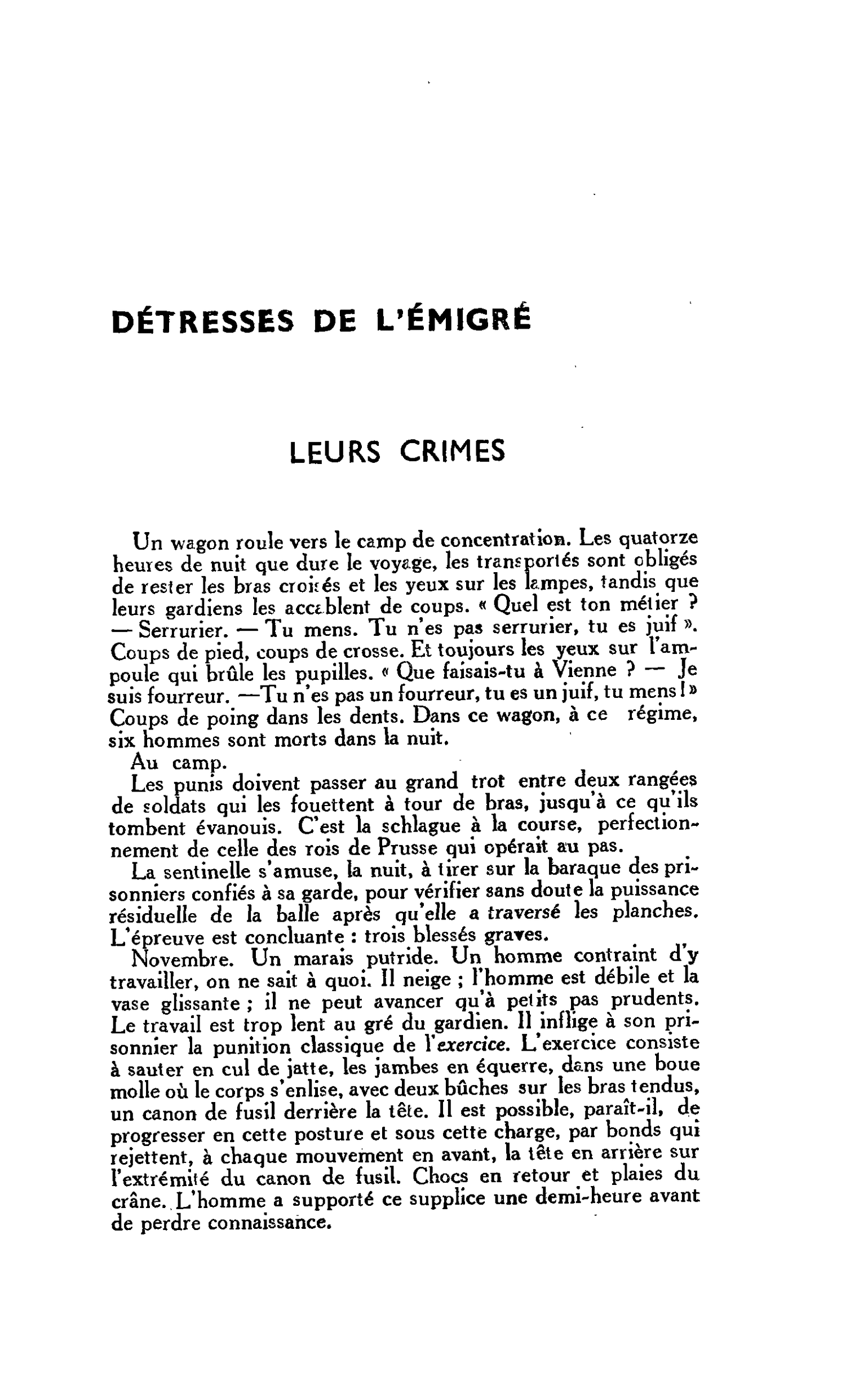 DÉTRESSES DE L’ÉMIGRÉ LEURS CRIMES
