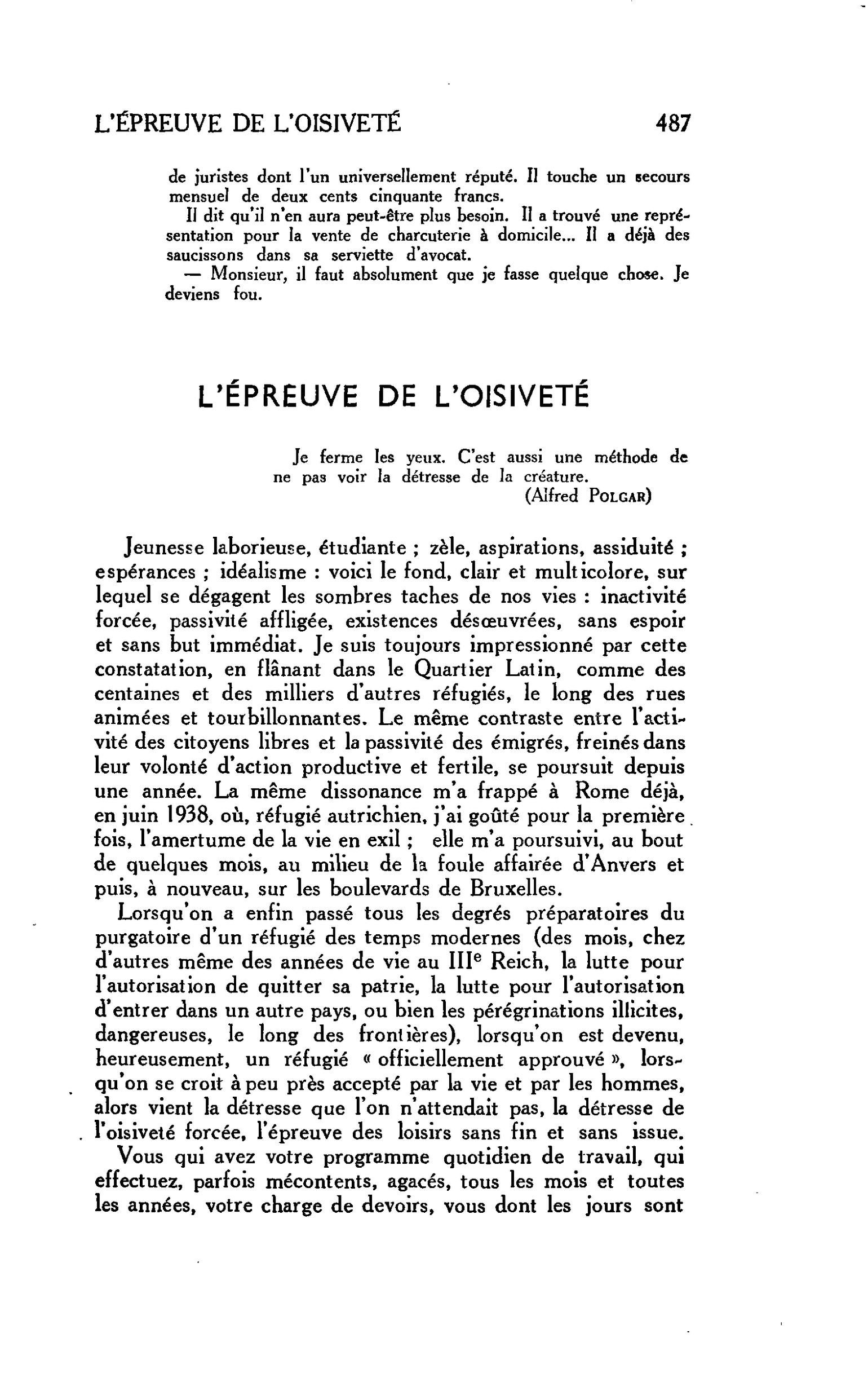 L’ÉPREUVE DE L’OISIVETÉ
