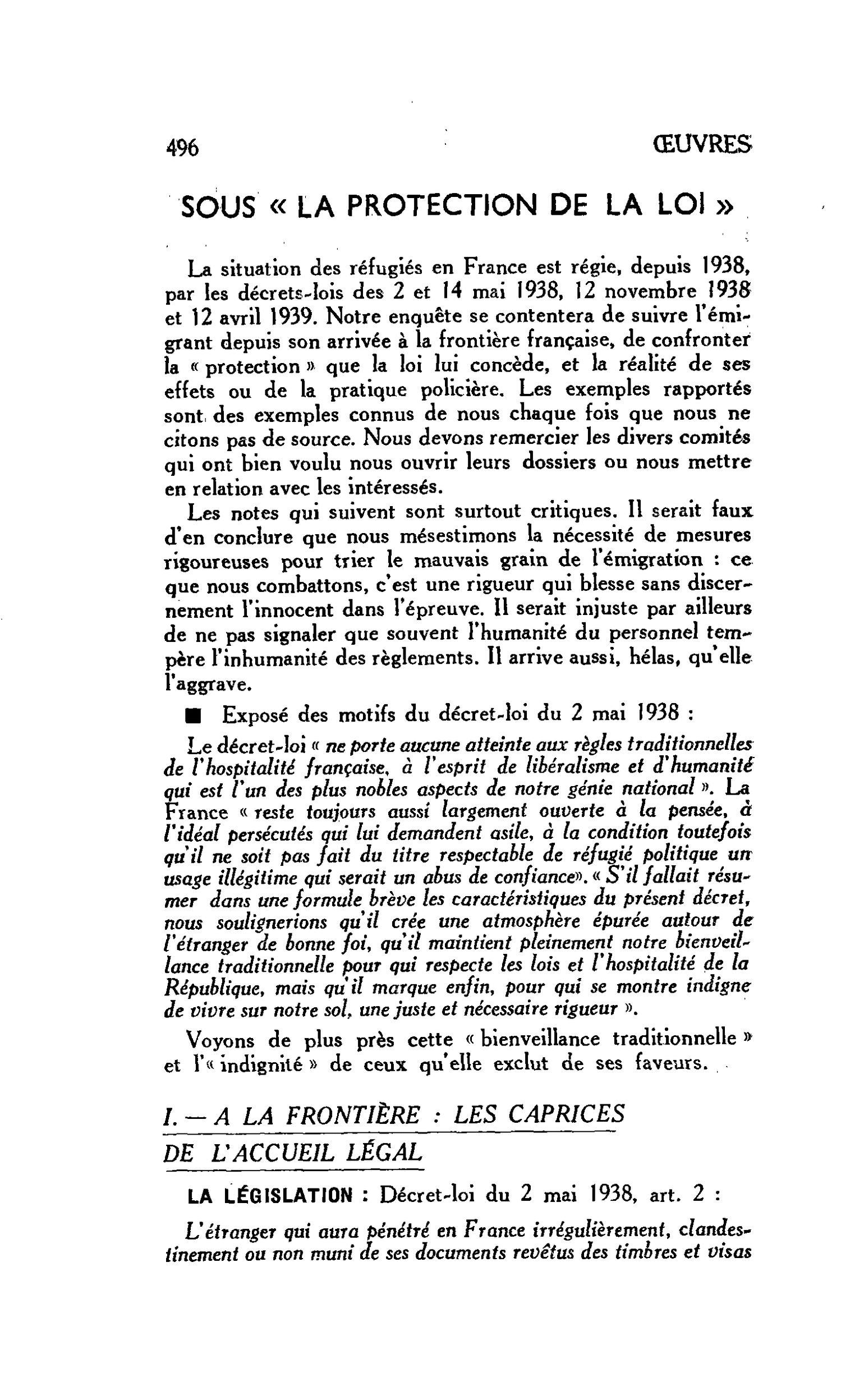 SOUS « LA PROTECTION DE LA LOI »