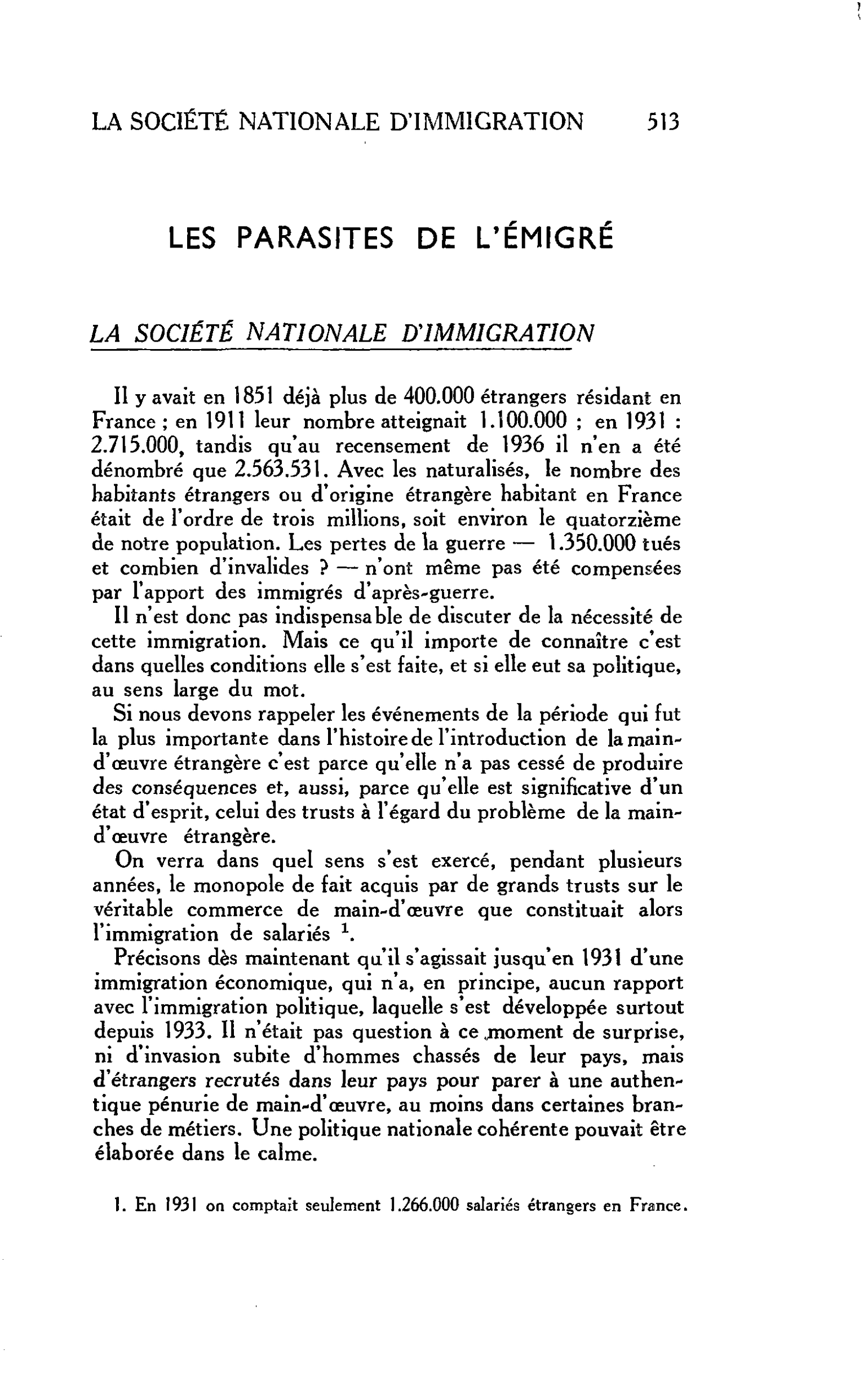 LES PARASITES DE L’ÉMIGRÉ LA SOCIÉTÉ NATIONALE D’IMMIGRATION