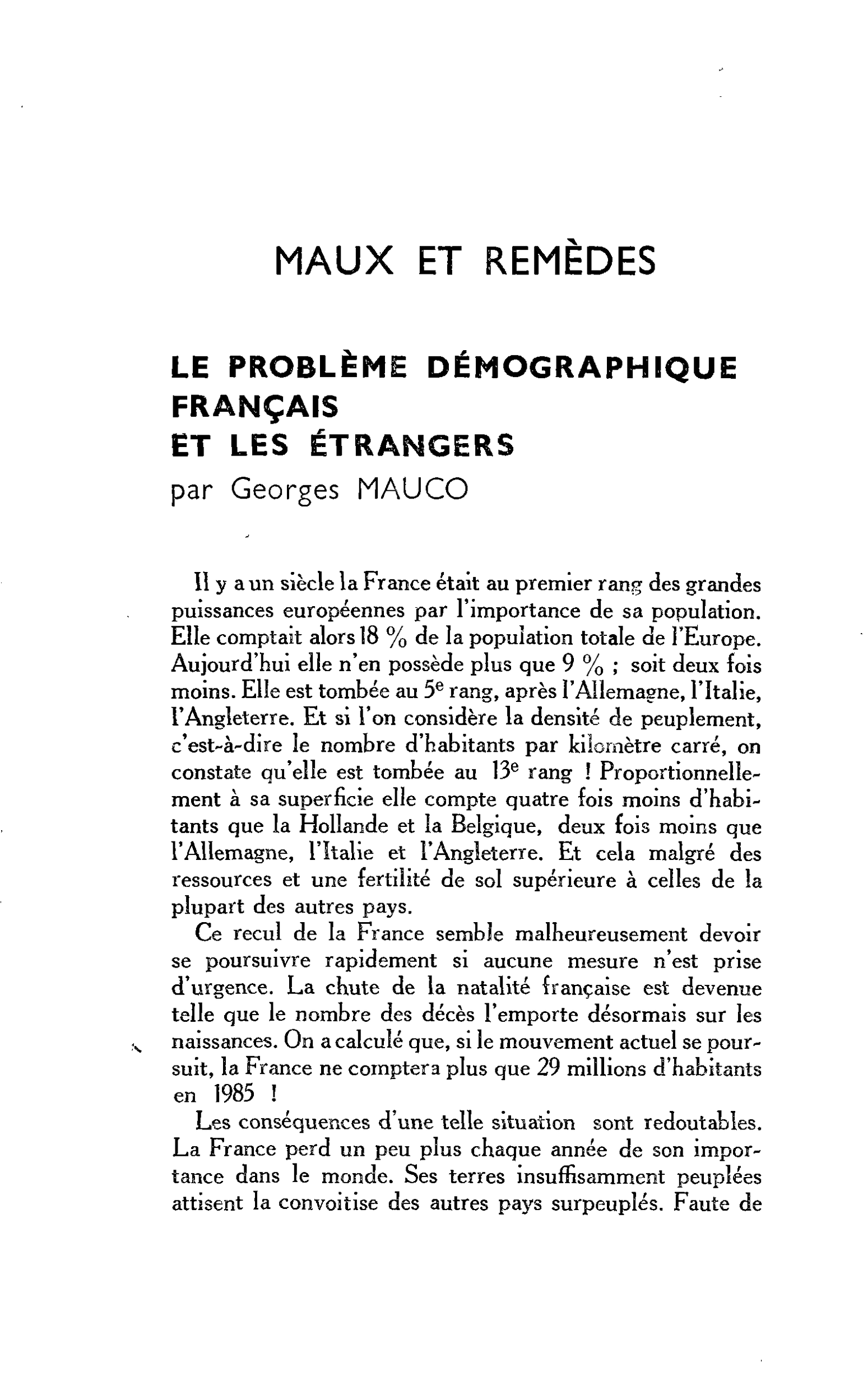 LE PROBLÈME DÉMOGRAPHIQUE FRANÇAIS ET LES ÉTRANGERS