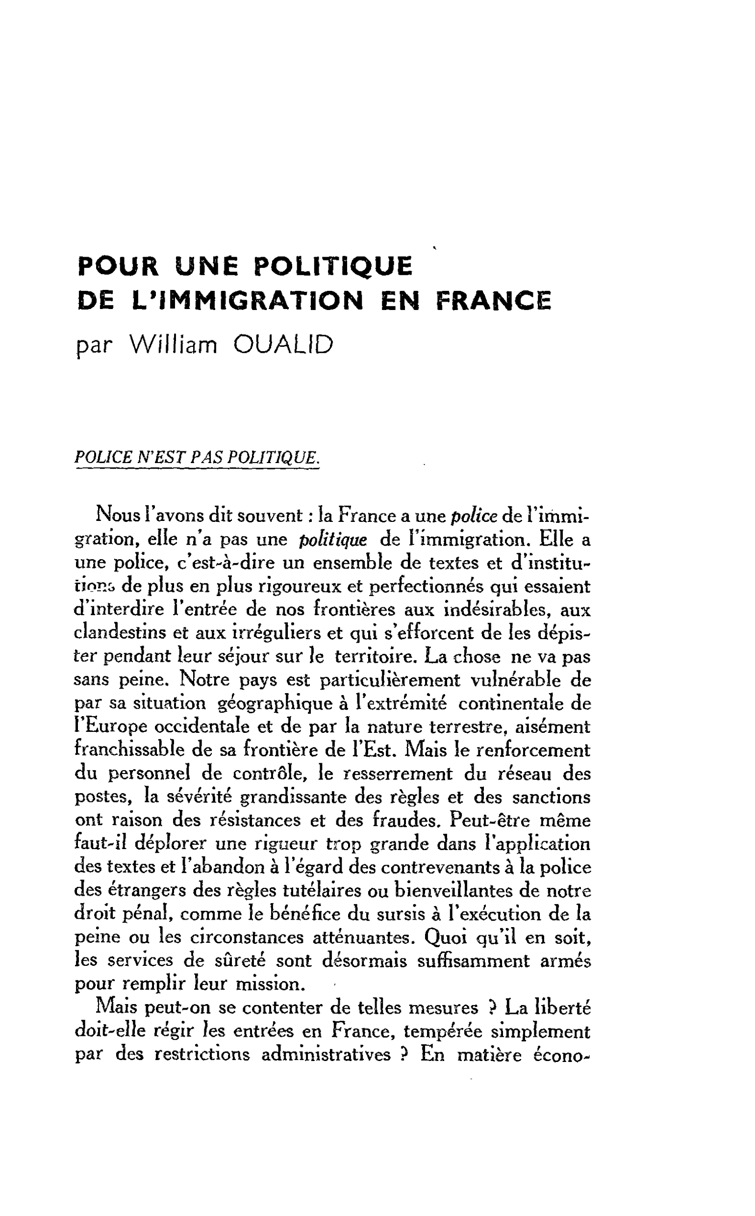 POUR UNE POLITIQUE DE L’IMMIGRATION EN FRANCE